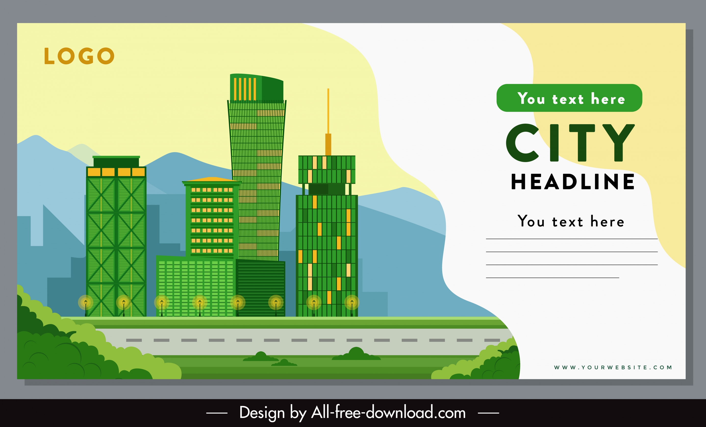 city scenery banner flat green modern buildings sketch