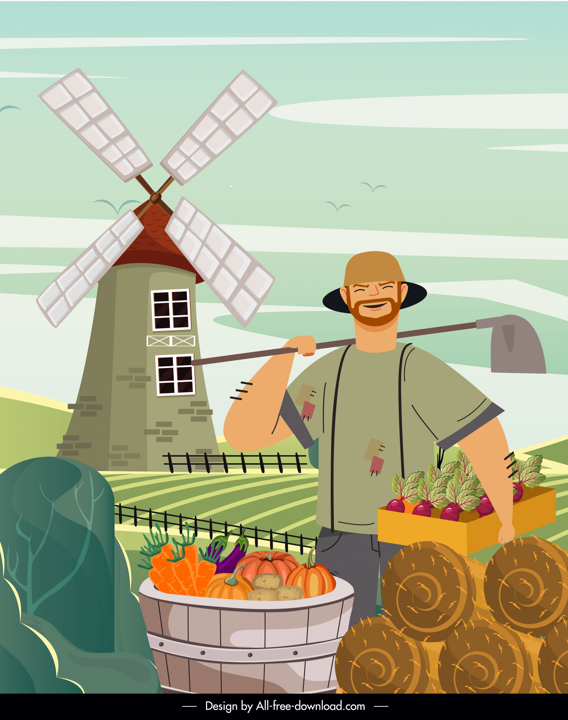 farm work painting happy farmer agriculture products sketch