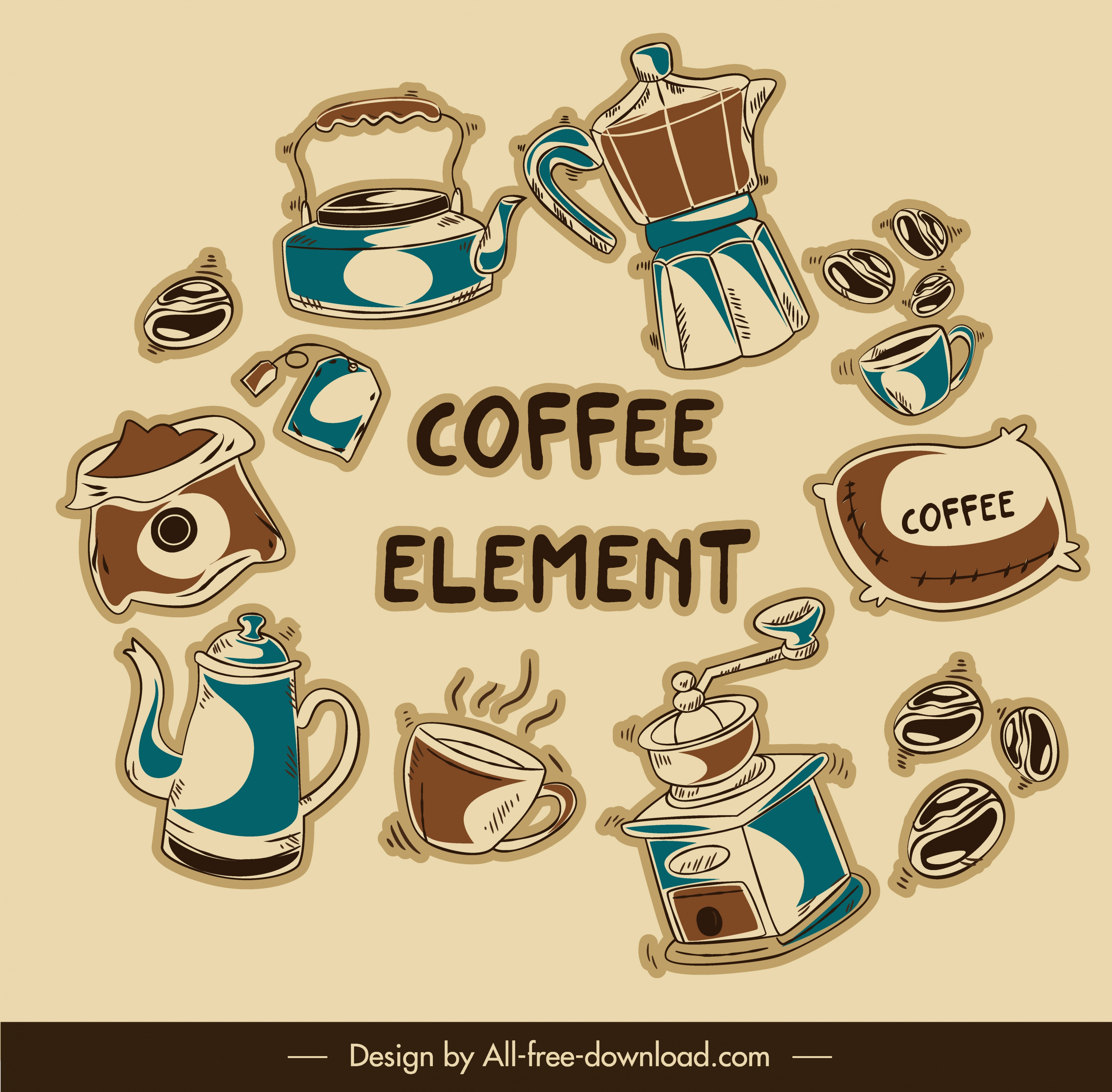 coffee elements icons flat dynamic retro design