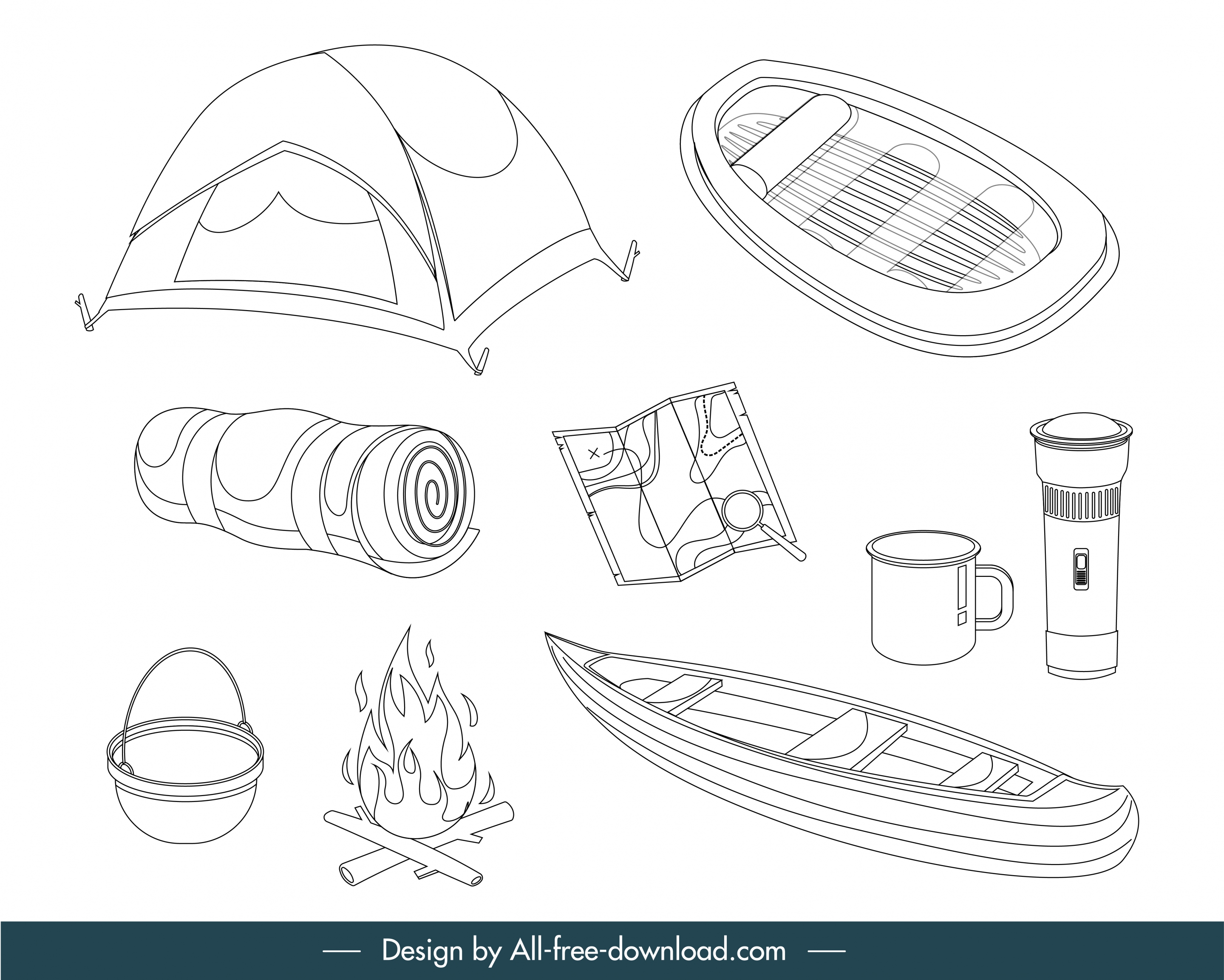 camping design elements objects sketch black white handdrawn