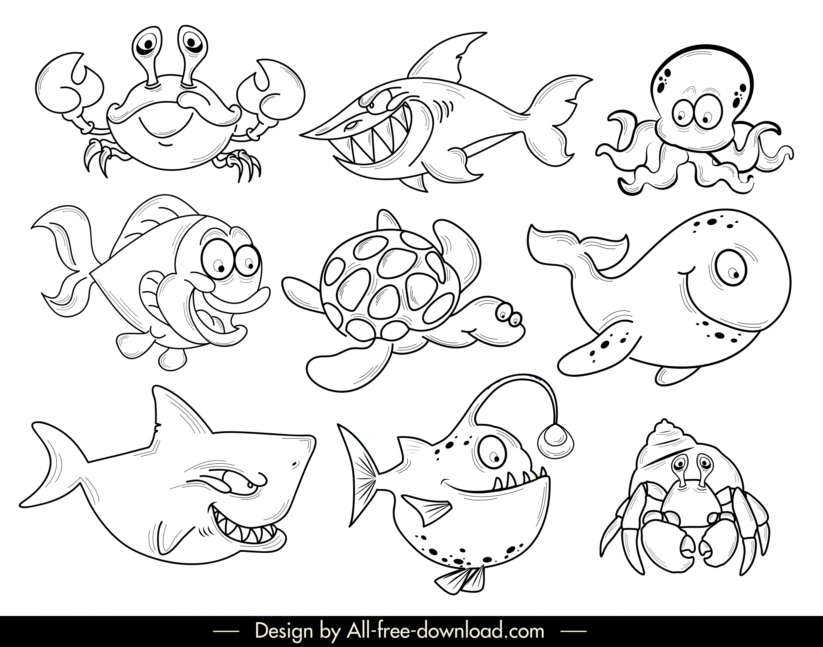 marine species icons cartoon characters black white handdrawn