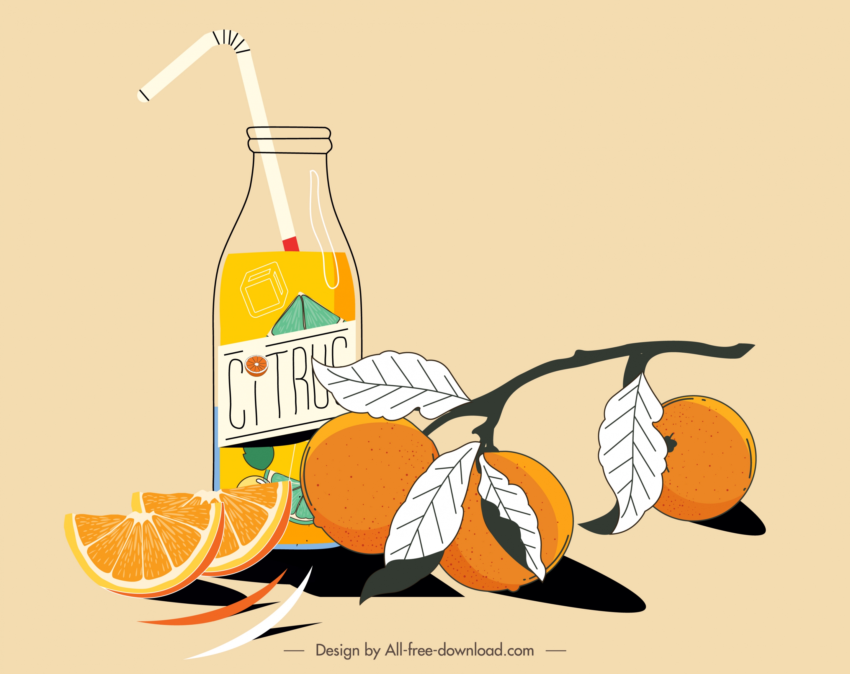 citrus fruit juice painting colored classical handdrawn design