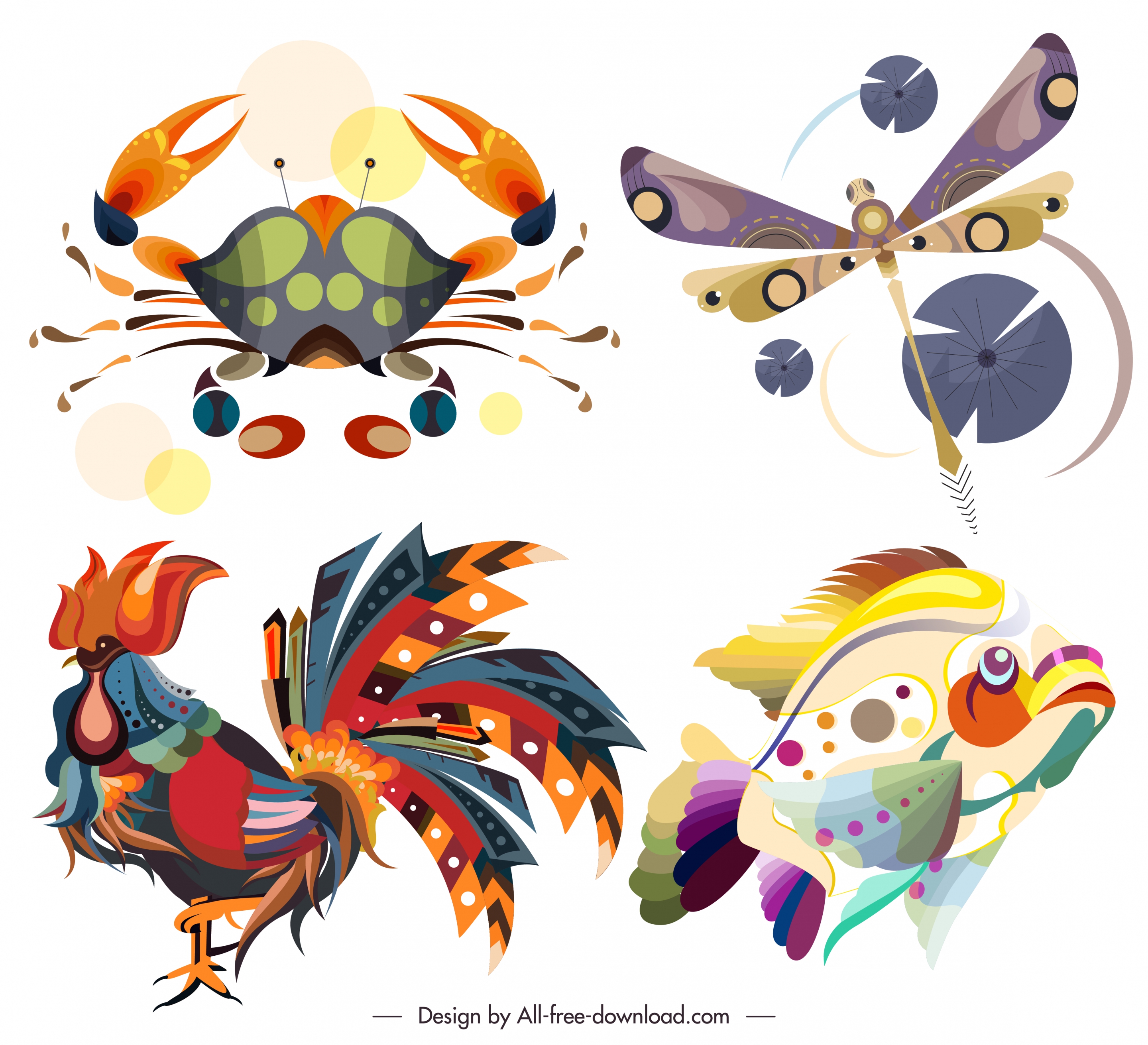 animals icons colorful crab dragonfly fish cock sketch