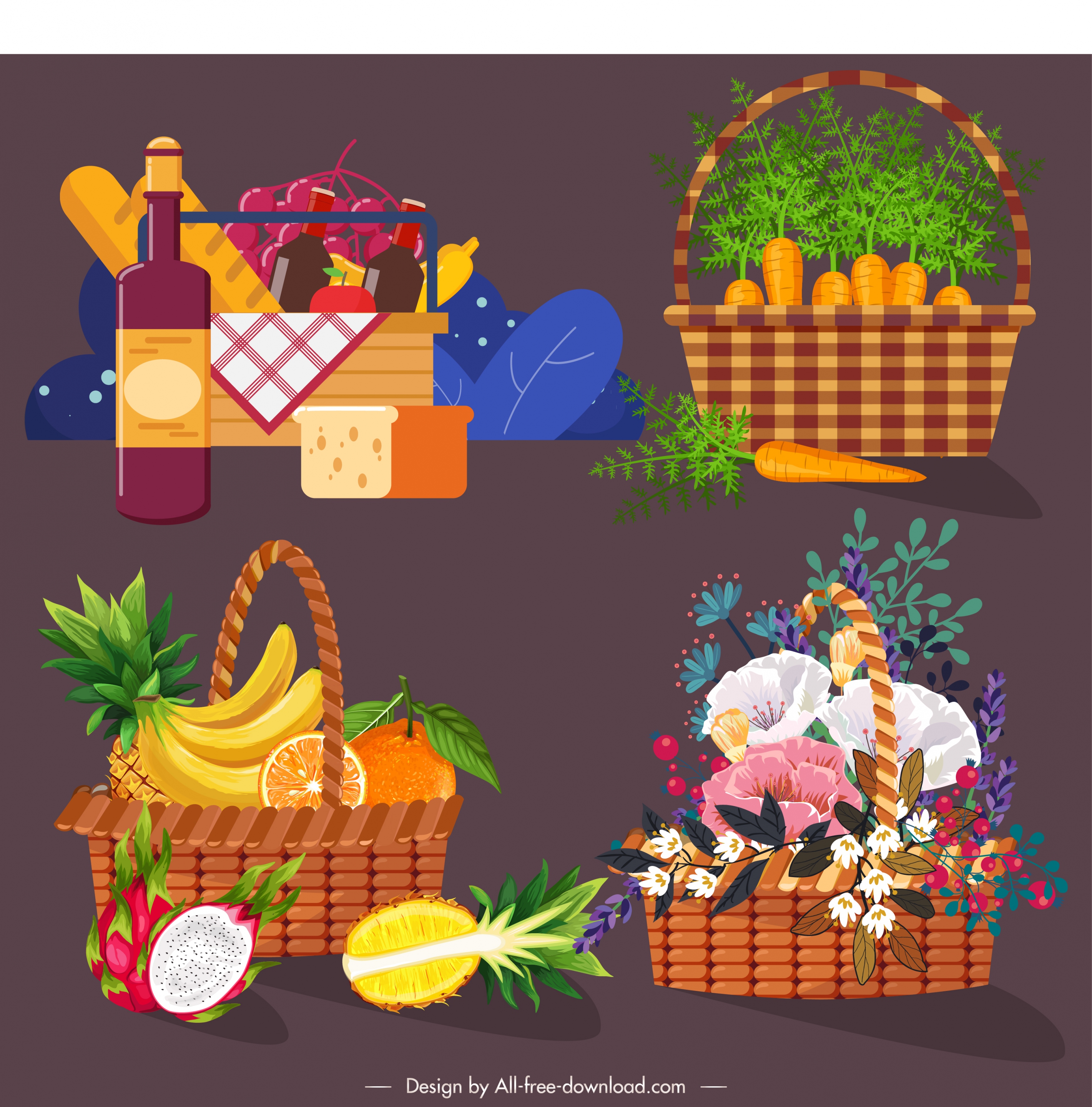 container baskets icons camping fruit vegetables floral sketch