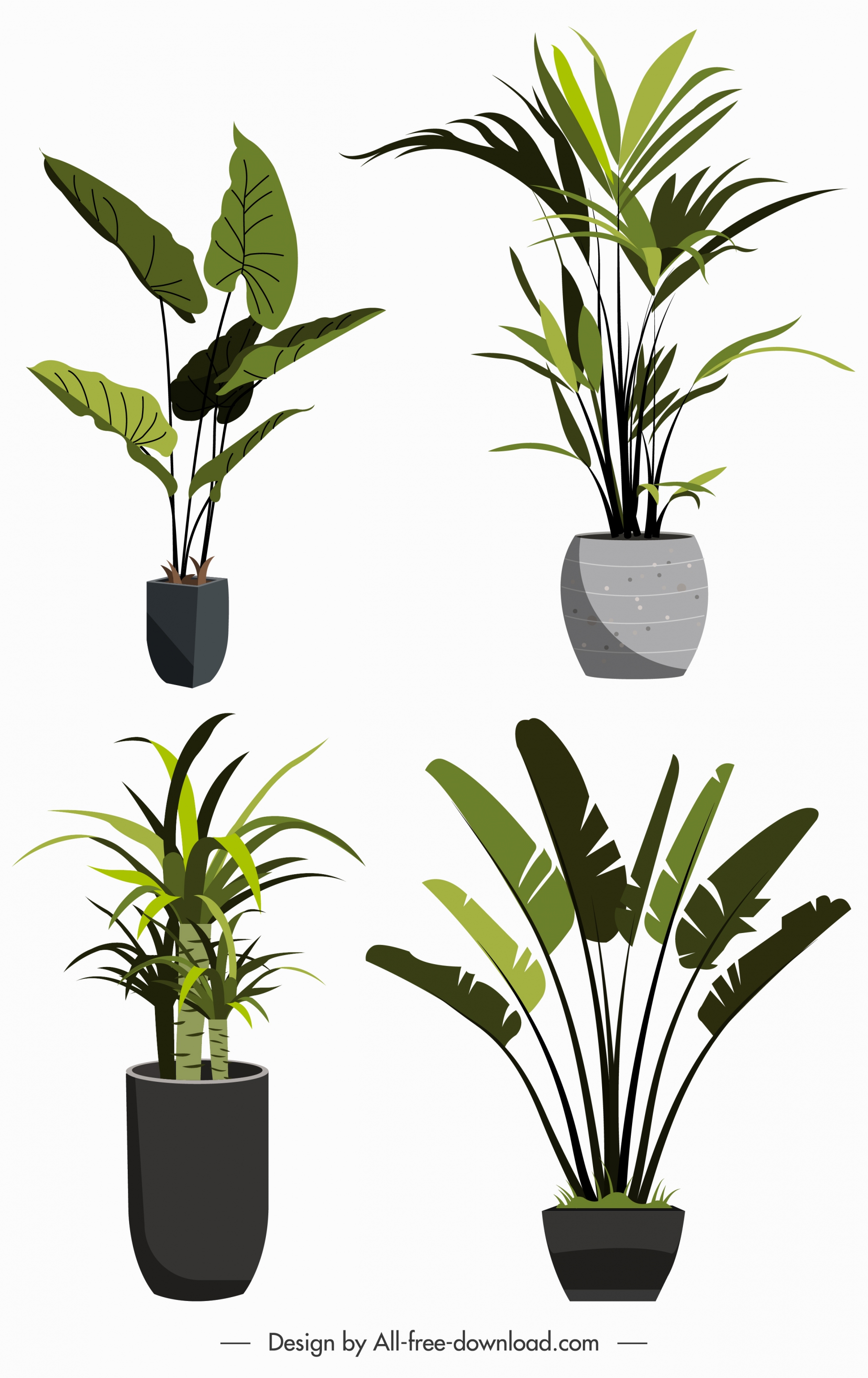 decorative plant pots icons fresh green leaves sketch