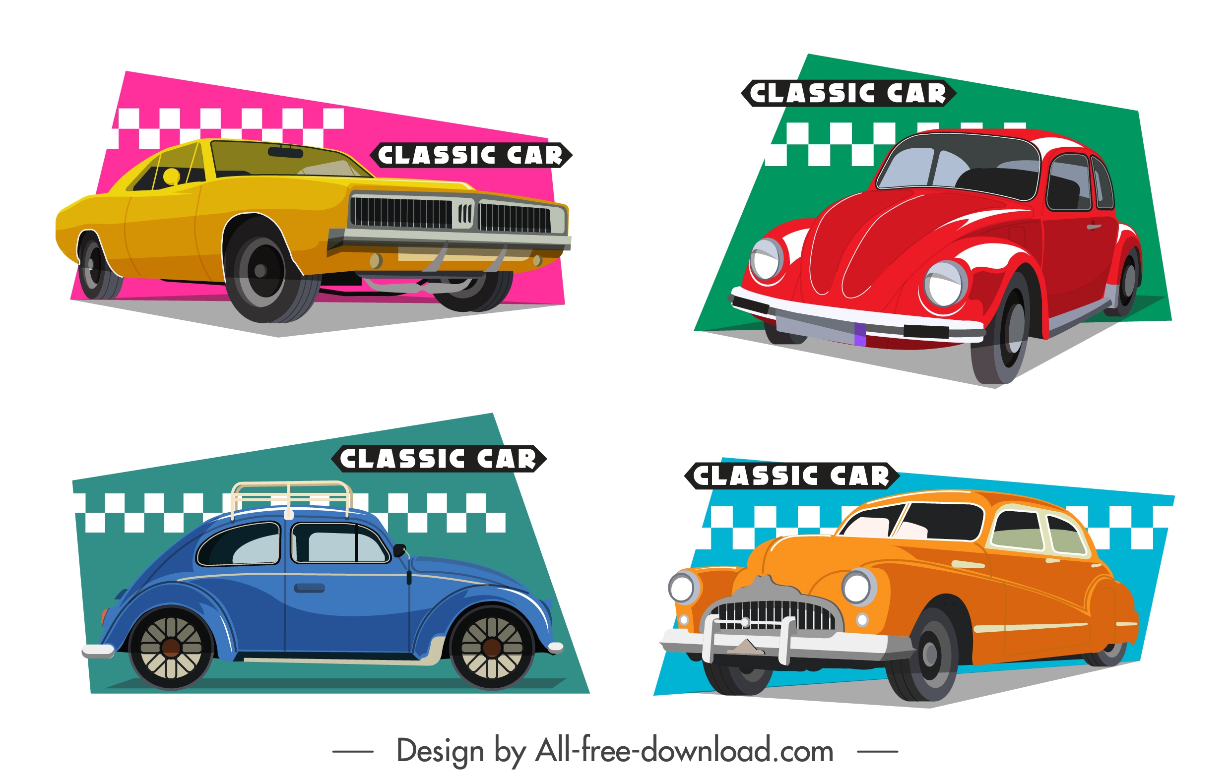 classic cars icons colorful 3d flat design