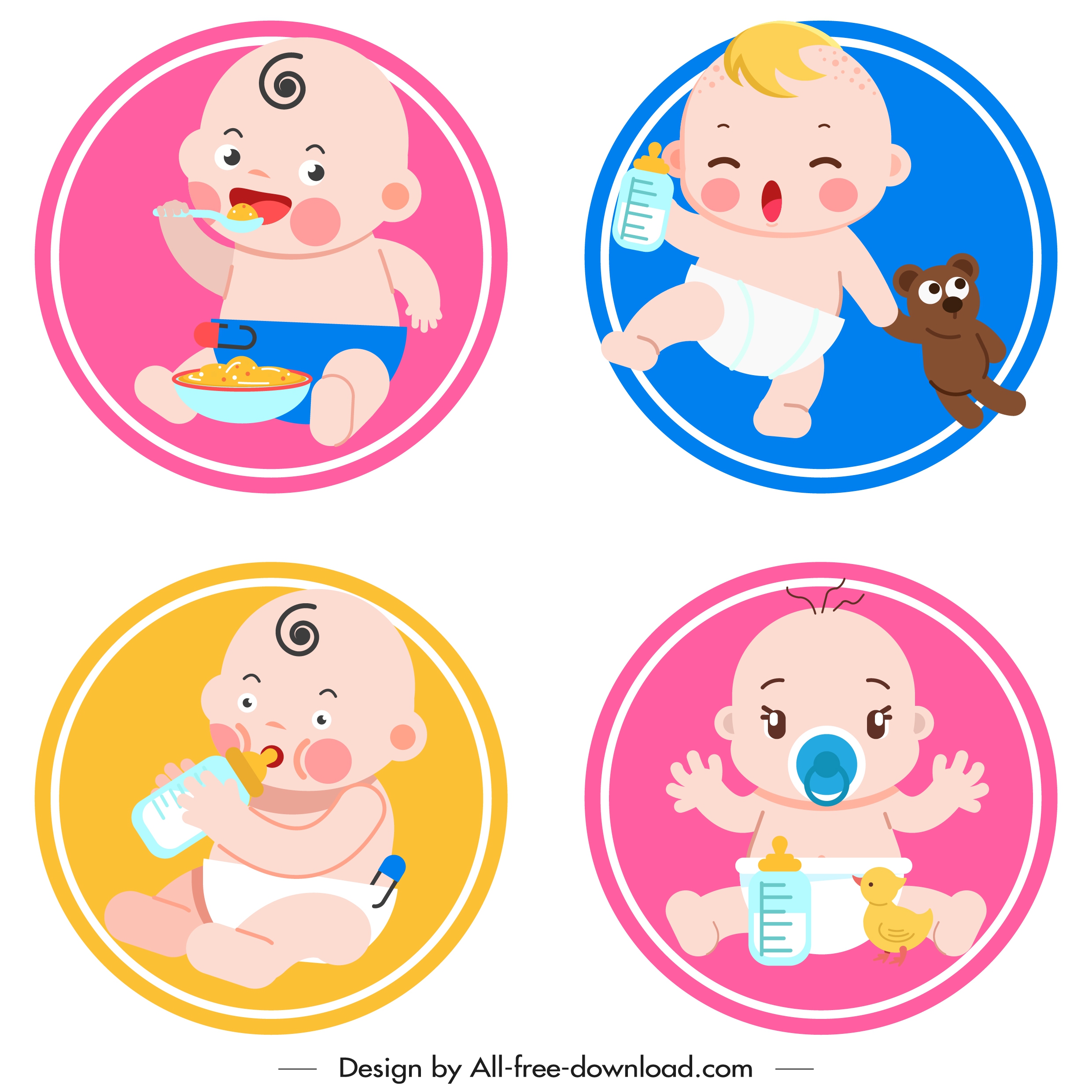 newborn kids icons cute cartoon sketch circles isolation