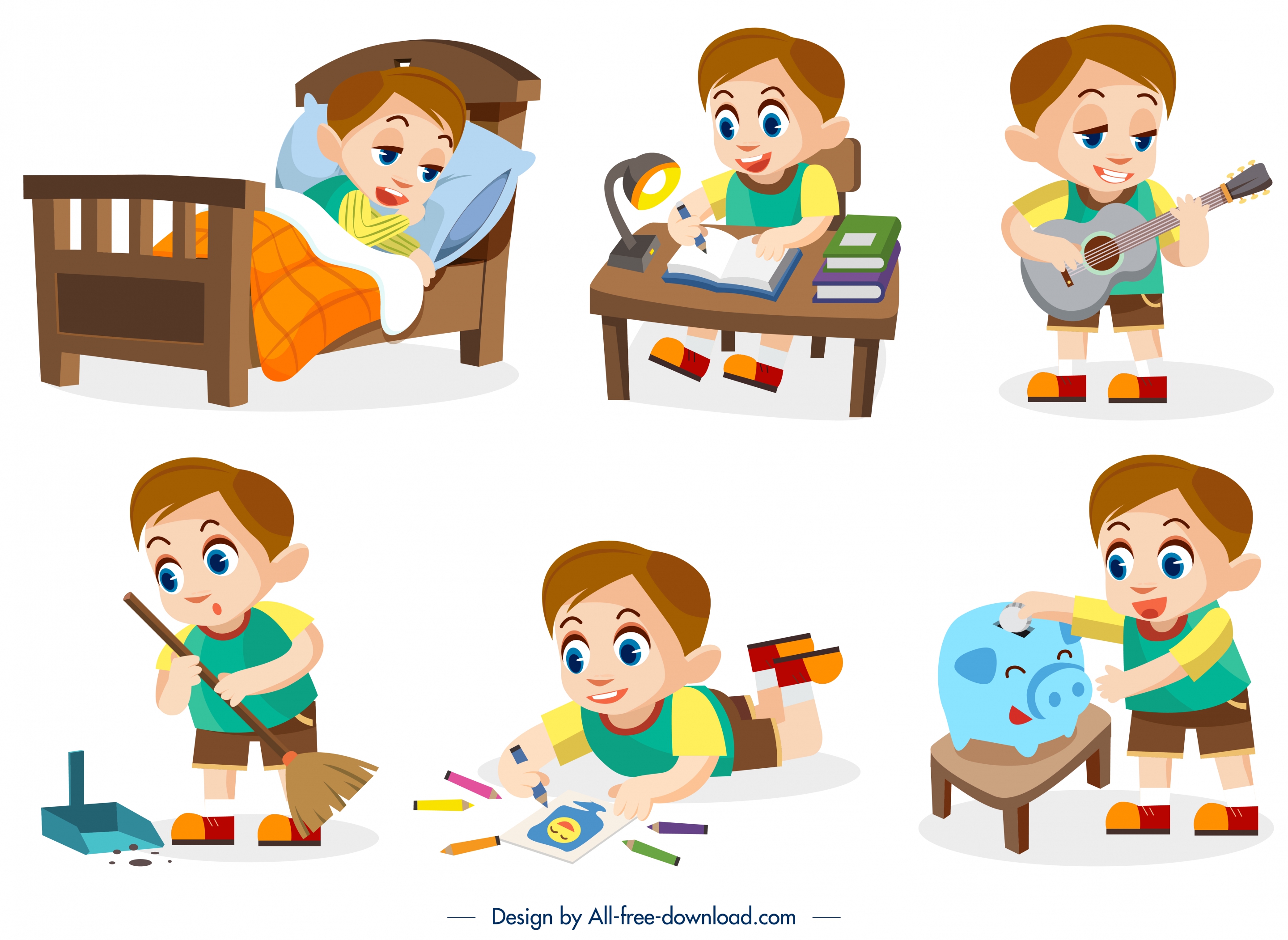 childhood design elements boy daily activities icons design