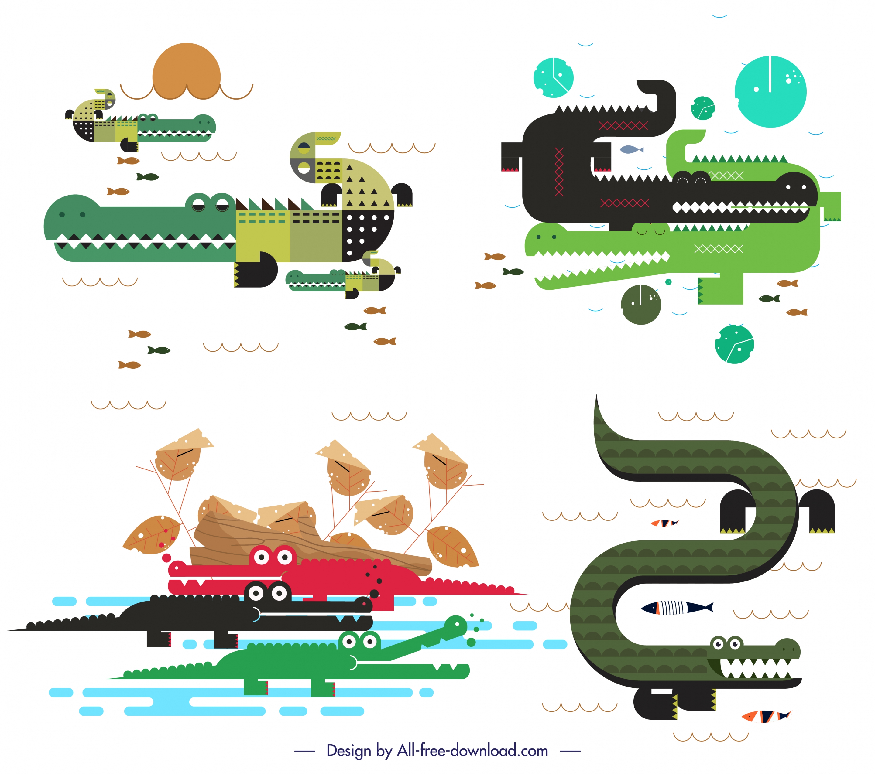 crocodile icons sets colorful classical flat sketch