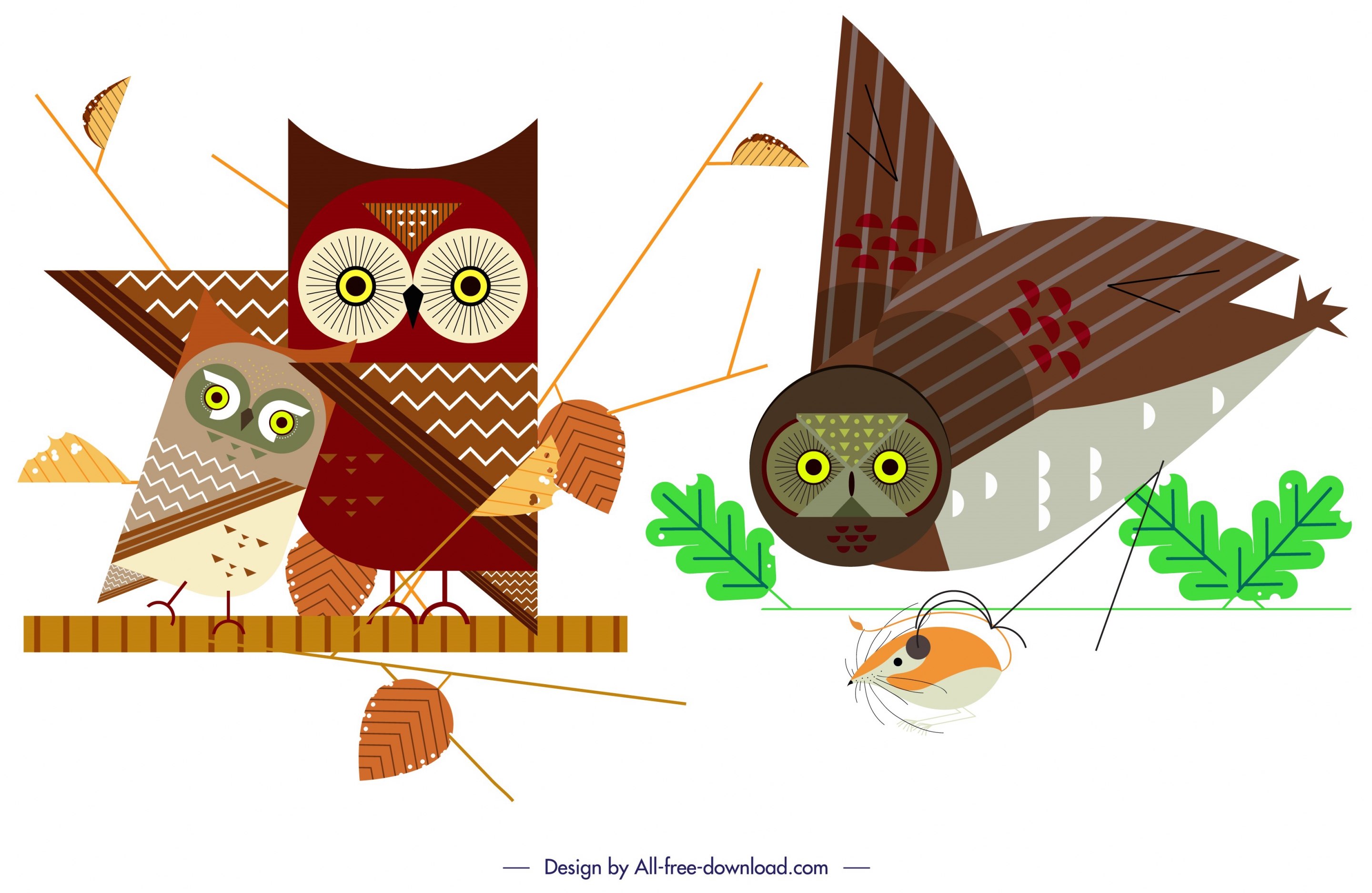 owl wild animal icons colored flat design