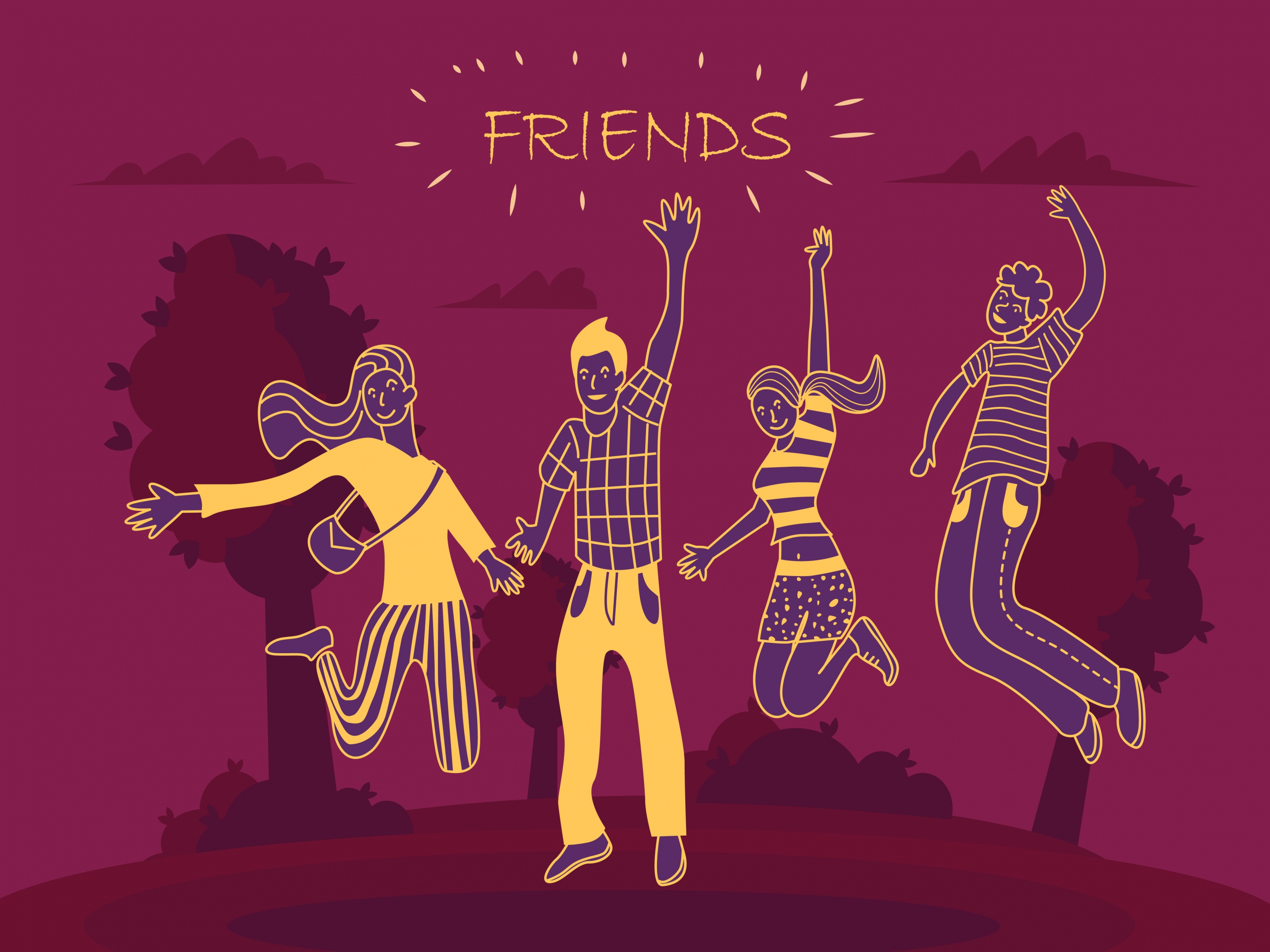 friendship background joyful people icons silhouette handdrawn sketch