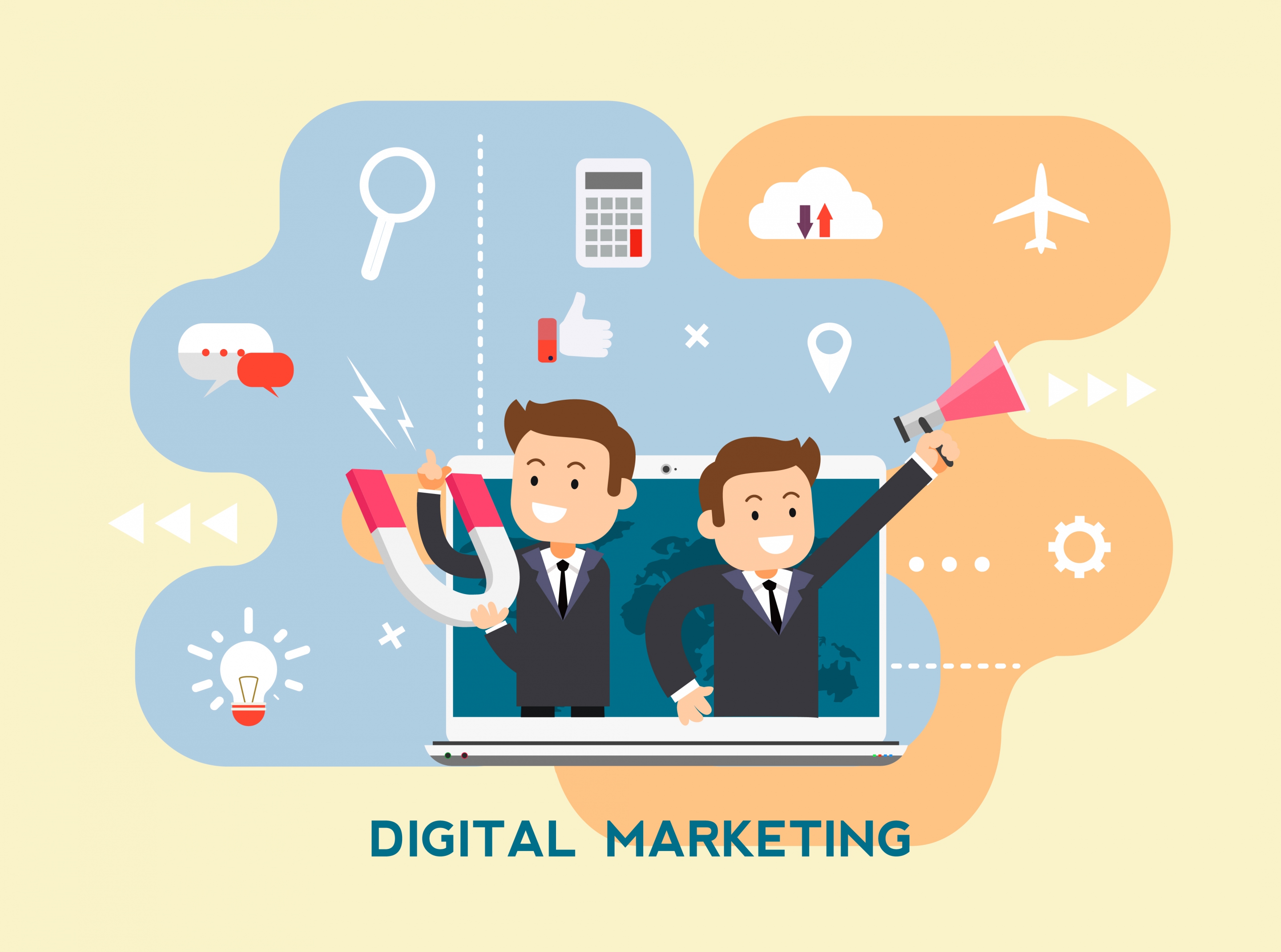 digital marketing background businessmen laptop media elements decor