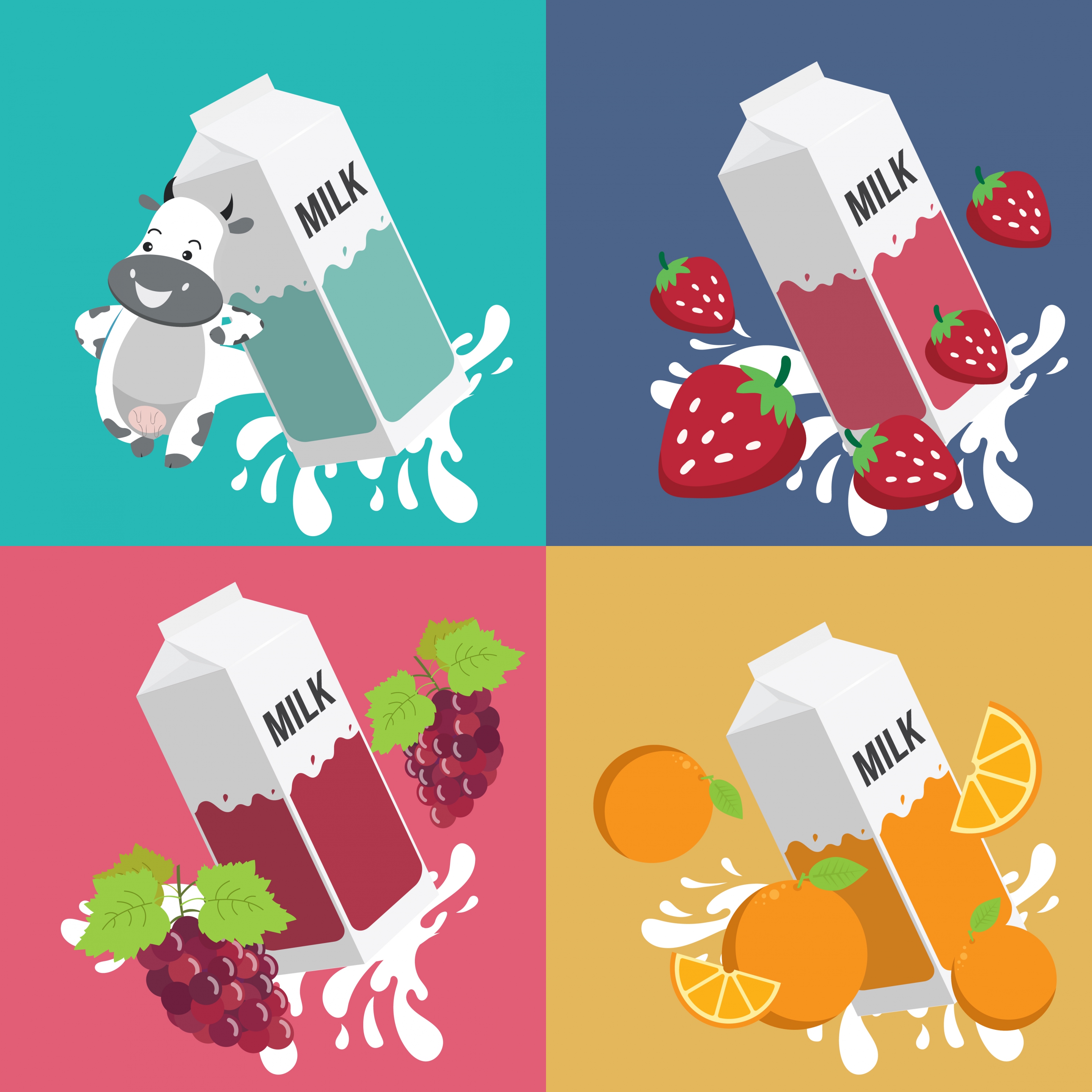 milk advertising backgrounds cow strawberry grape orange icons