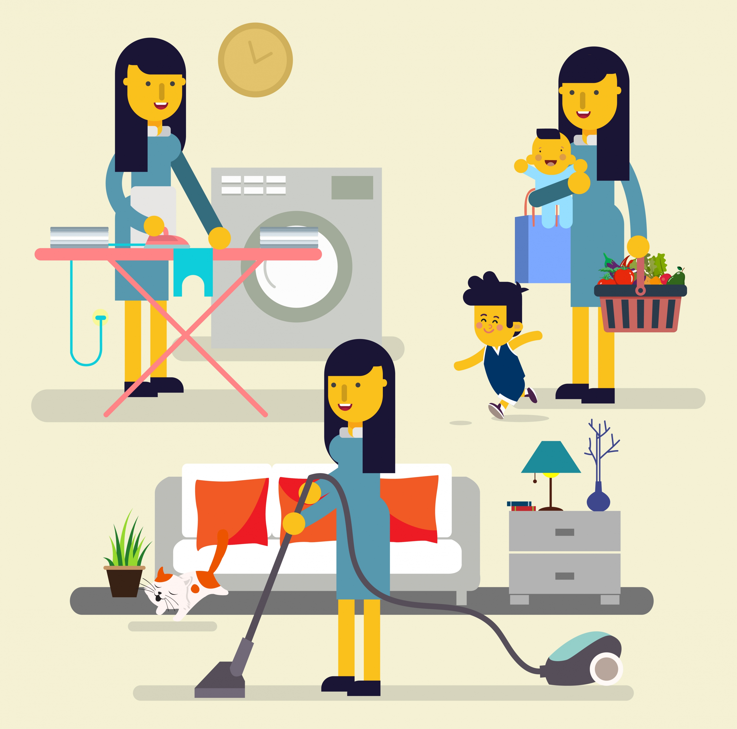 housewife work design elements woman kids utensils icons