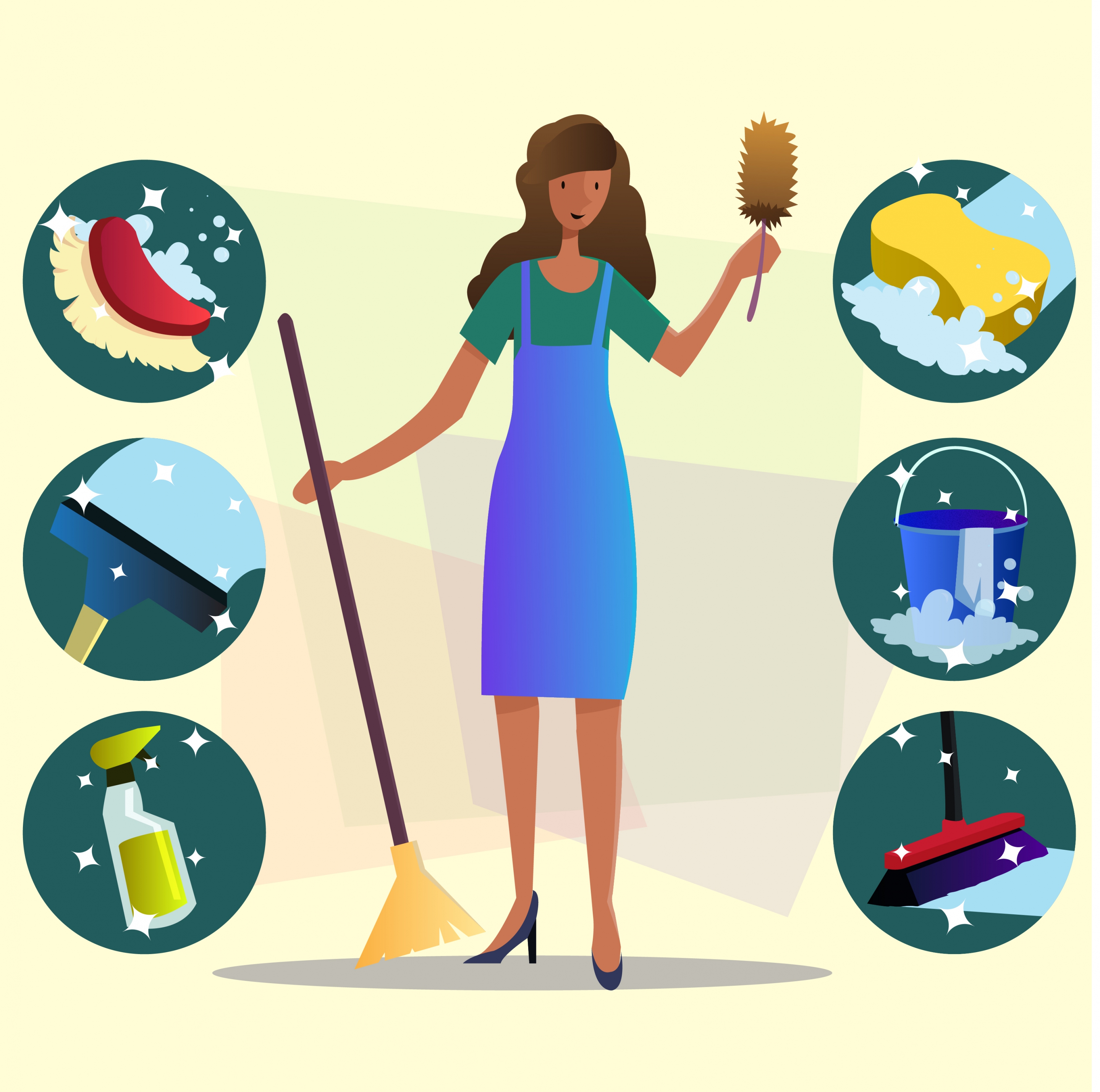 cleaning service design elements woman tools icons decor