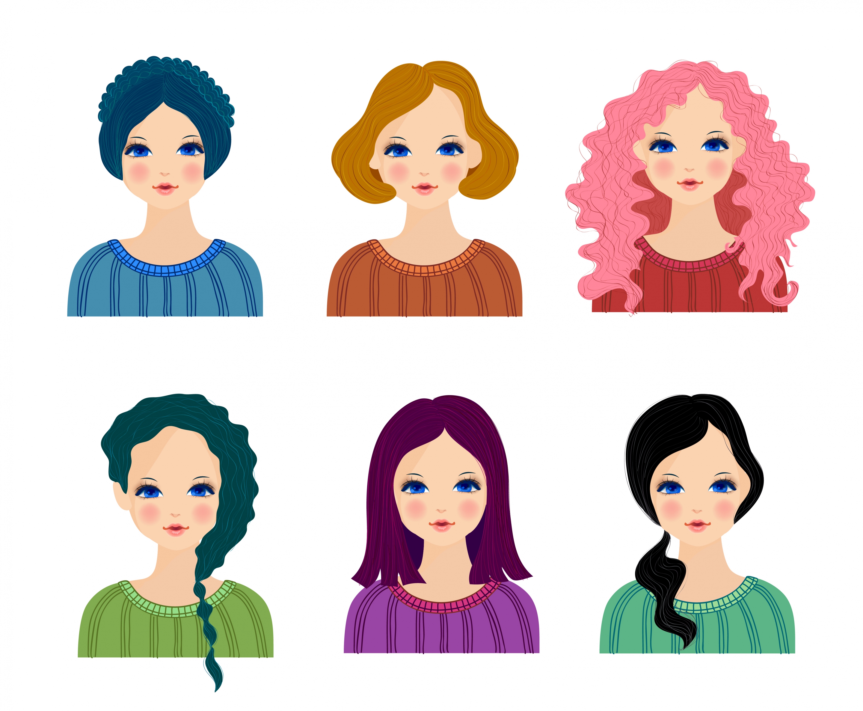 female hairstyle collection avatar icons colored cartoon design