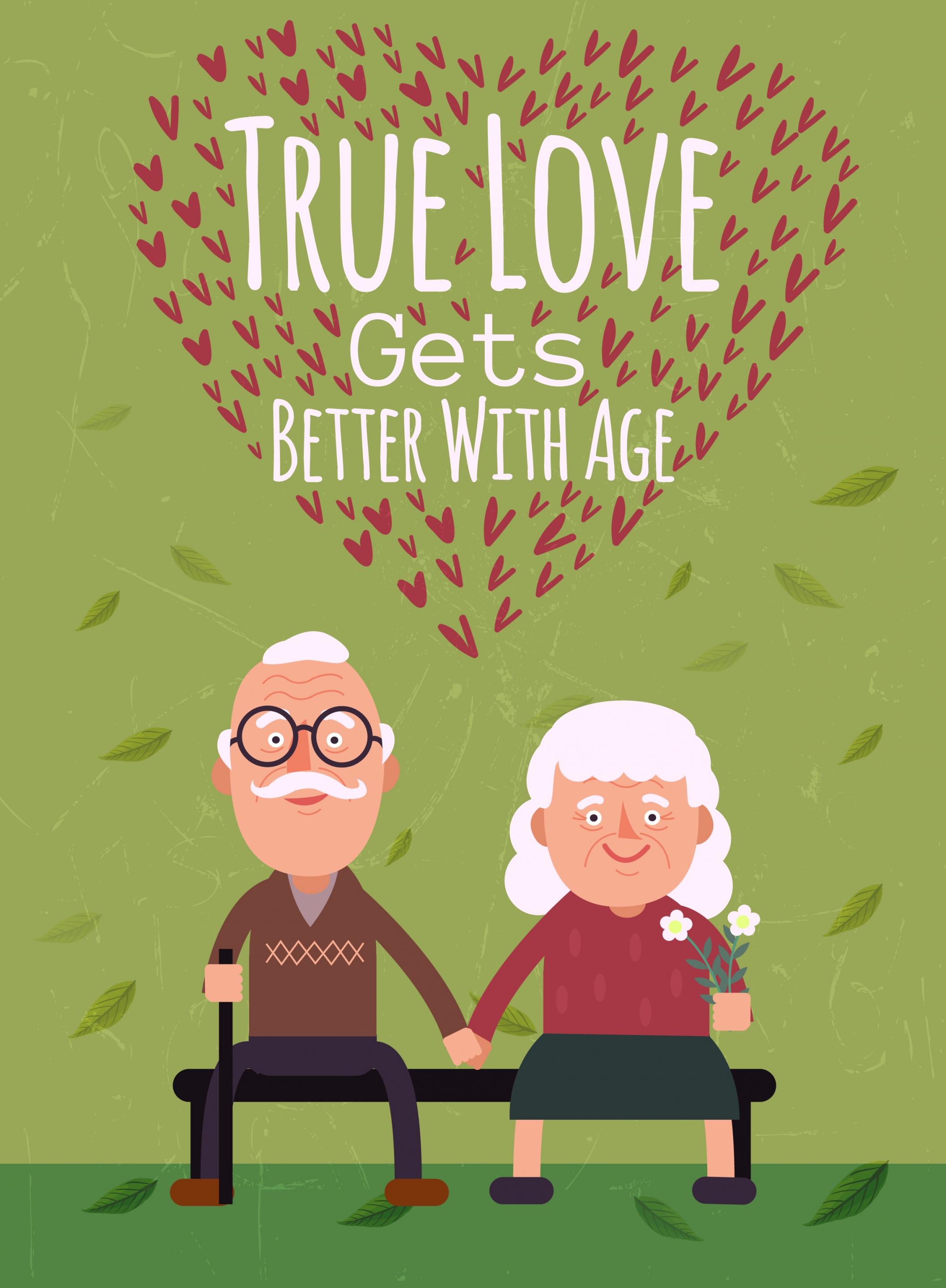 old love banner elderly couple icons hearts decoration