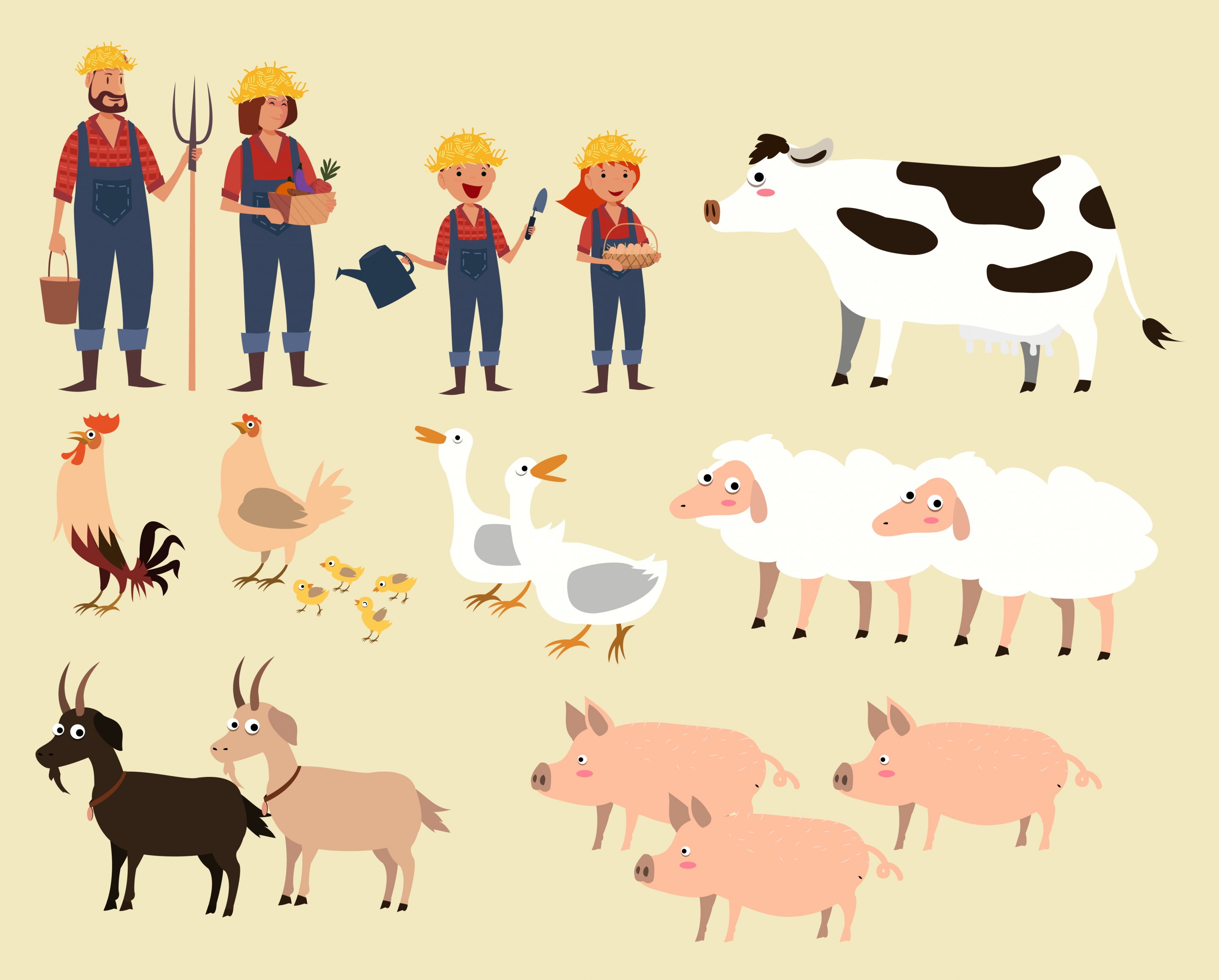 farming design elements human cattle poultry icons