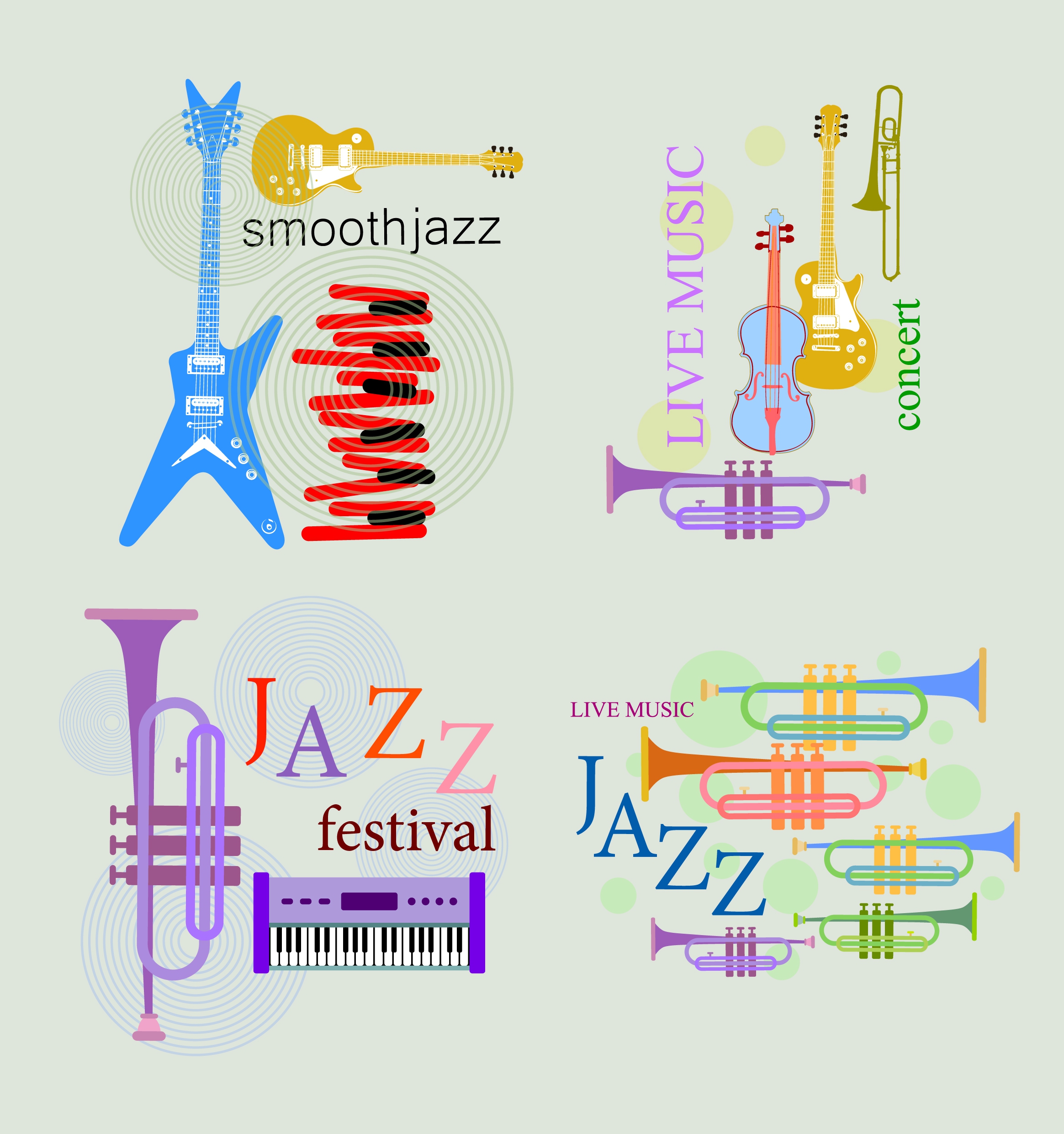 music background sets various instruments icons colored flat