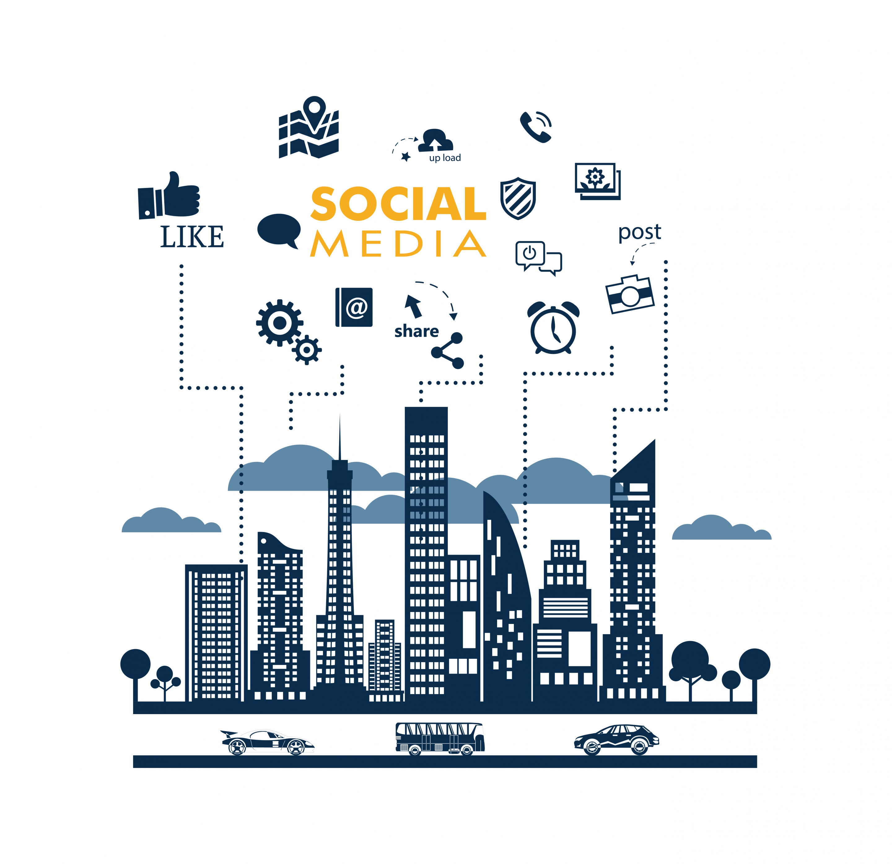 social media design elements on cityscape background