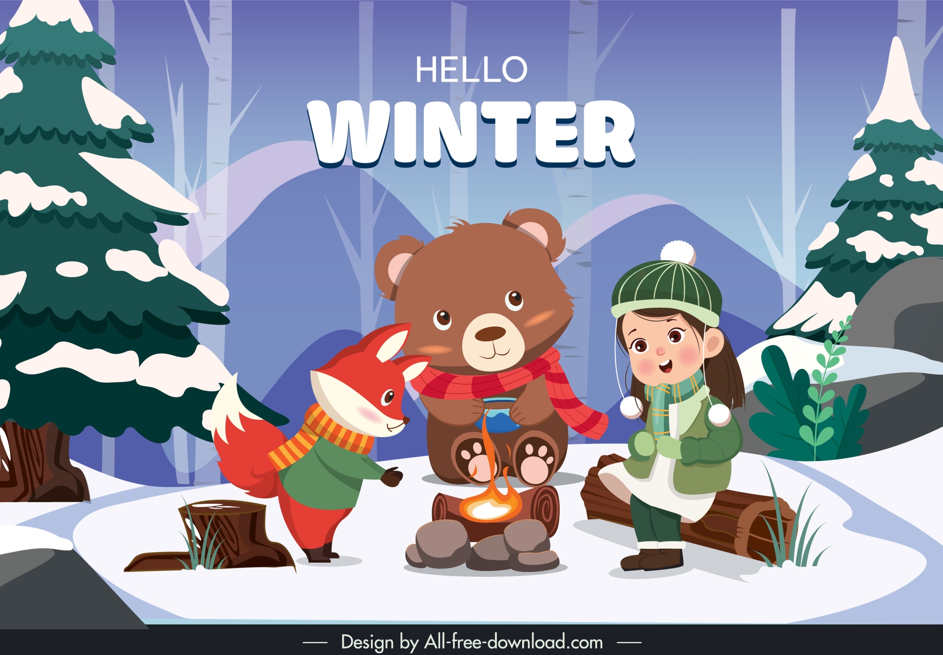 hello winter backdrop template cute little girl stylized animals friends