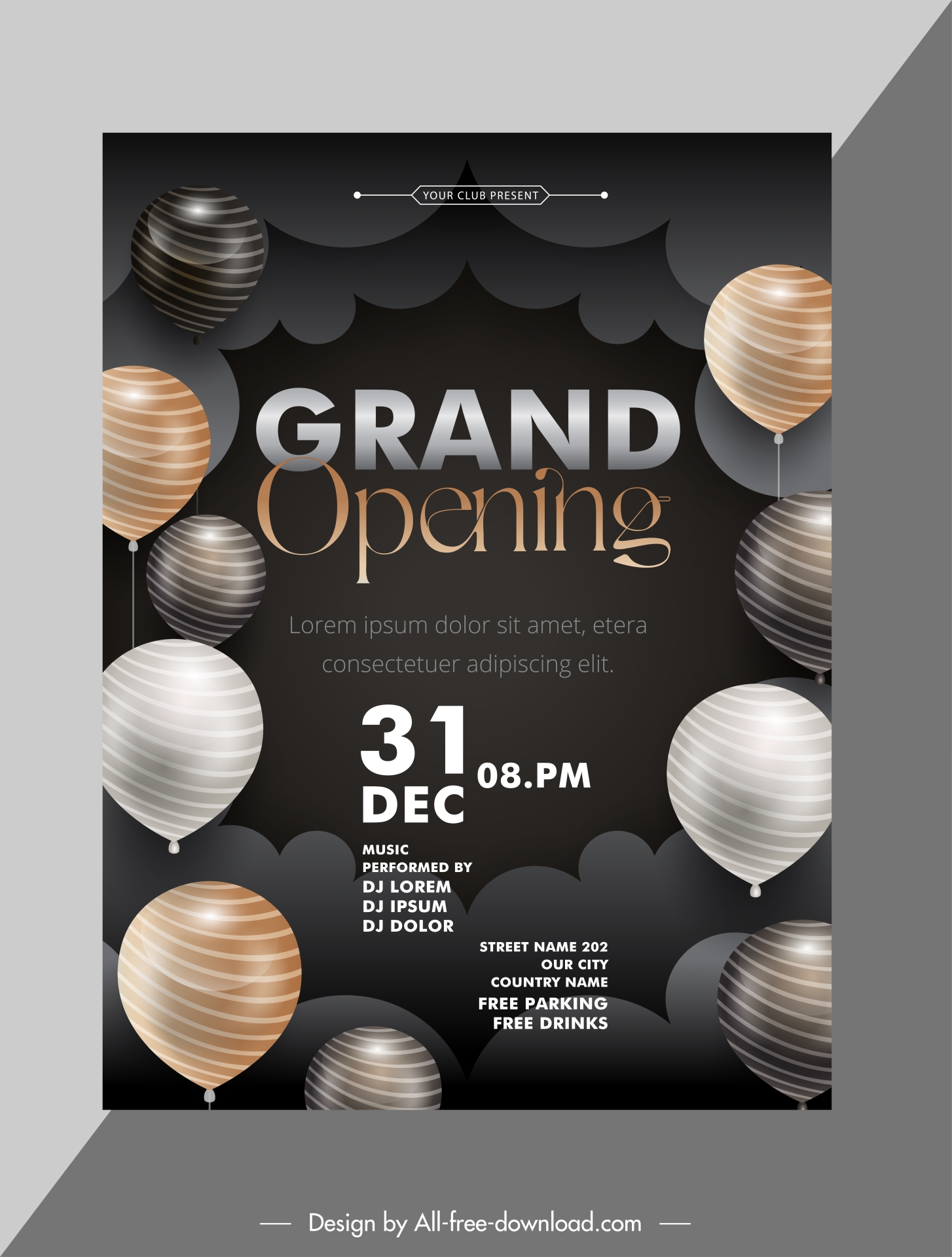 grand opening poster template modern dark balloon 