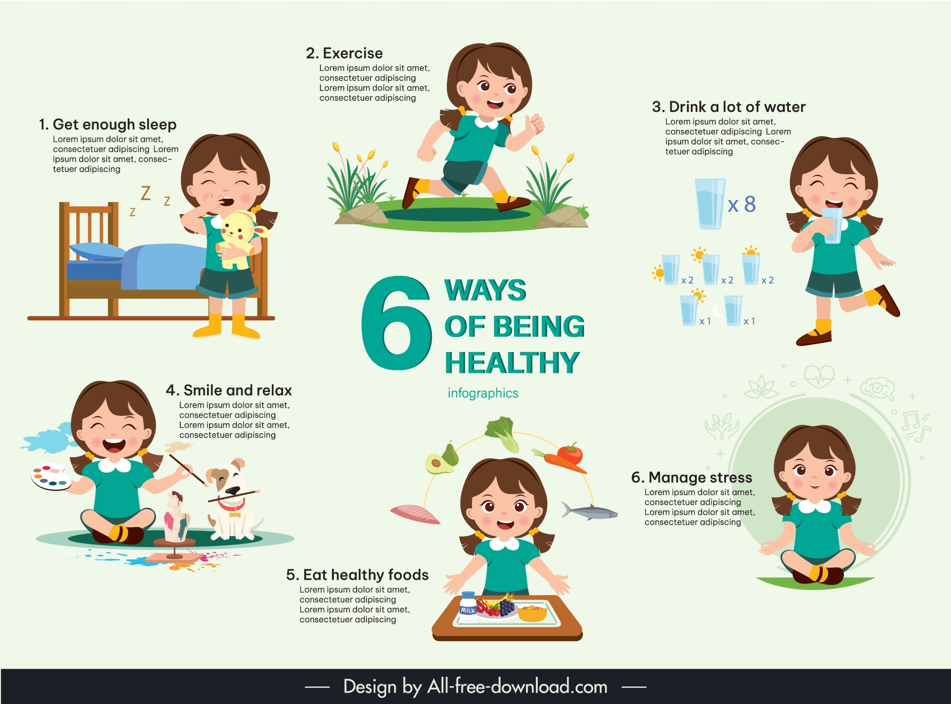 6 ways of being healthy infographics design elements cute cartoon girls