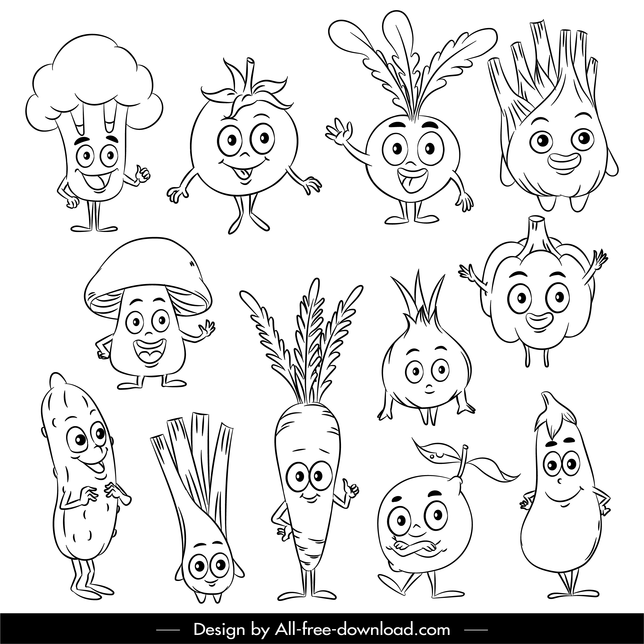 vegetables icons cute stylized sketch black white handdrawn