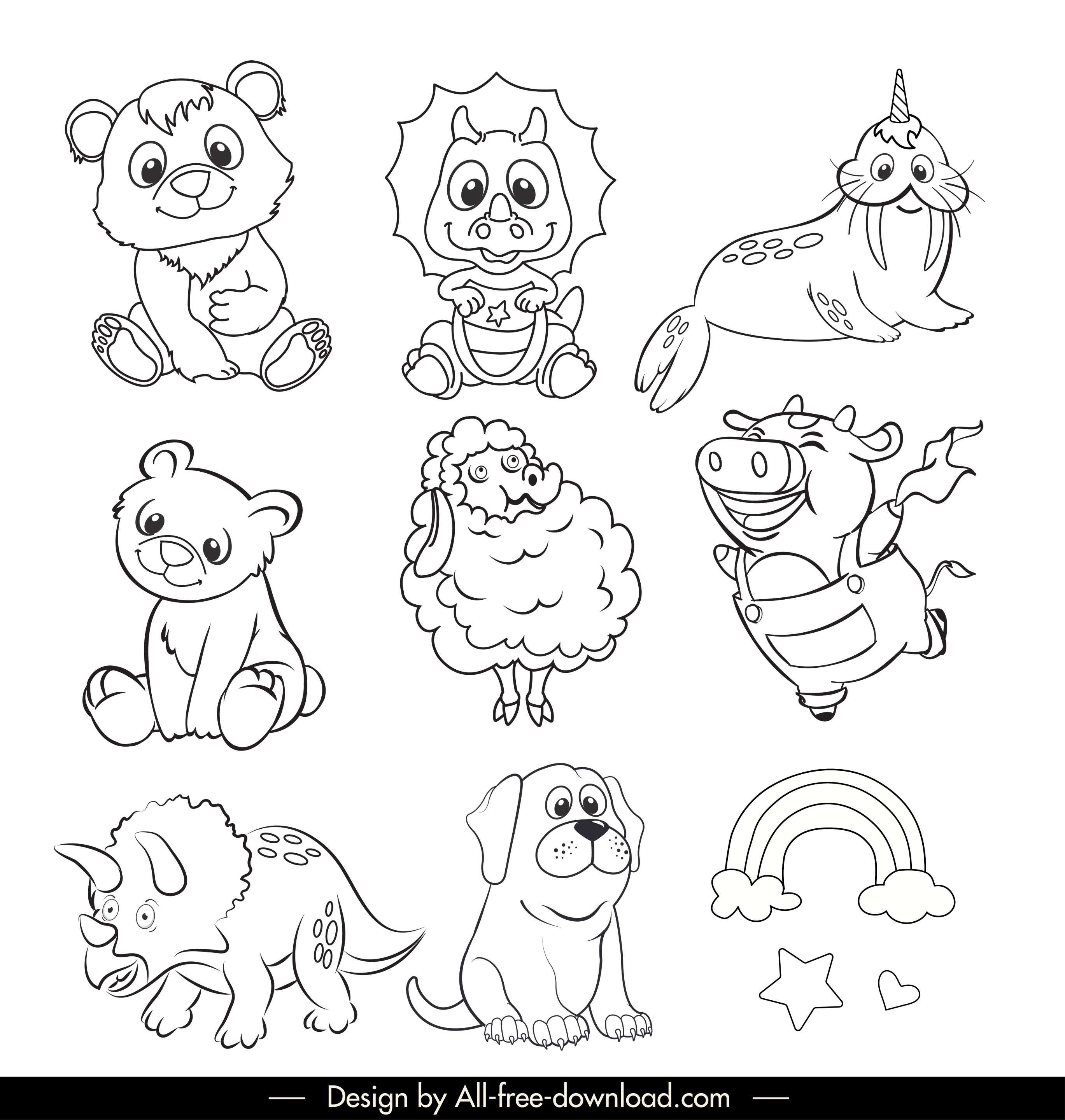 animals icons cartoon character black white handdrawn