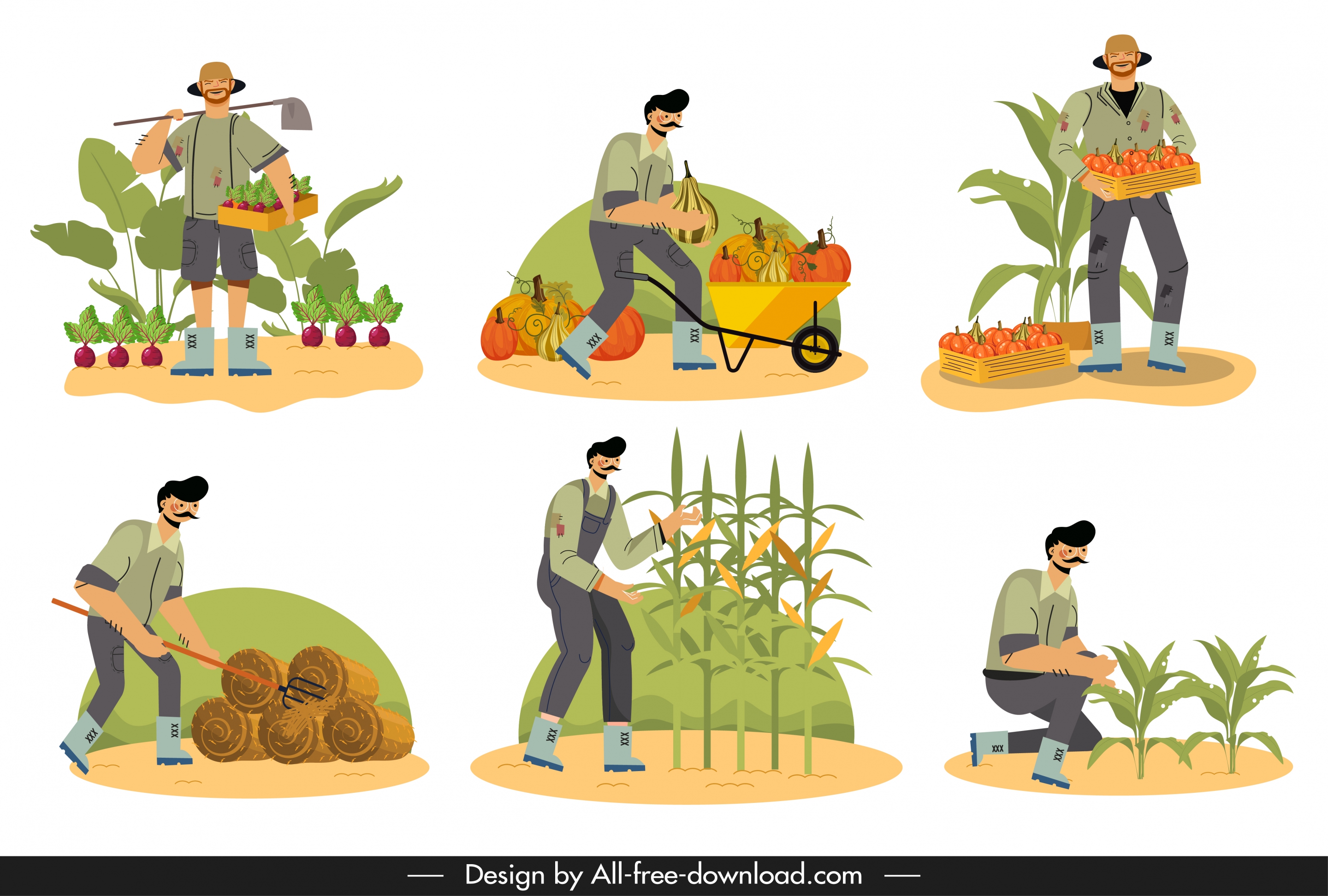 farming work icon cartoon characters sketch