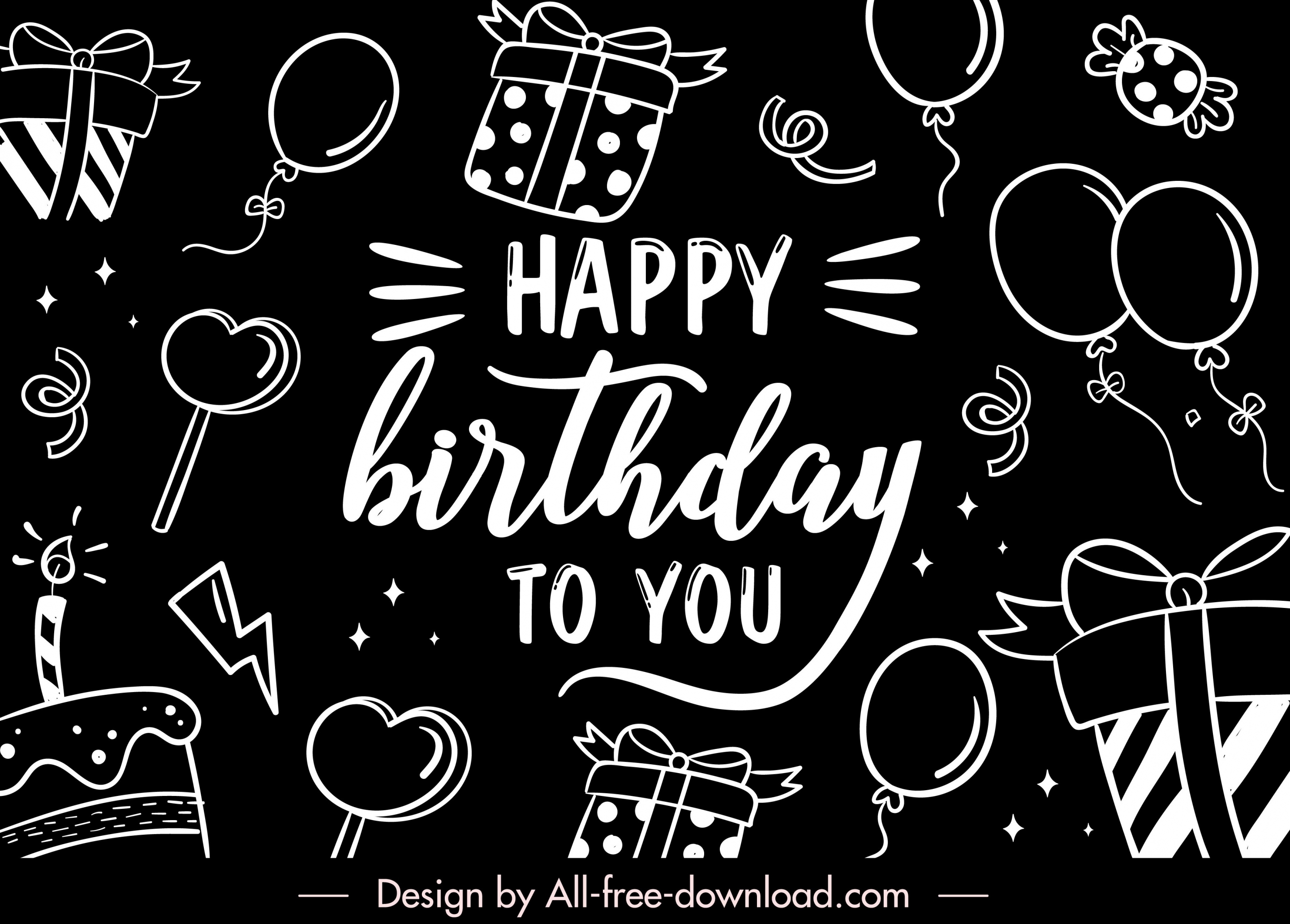 birthday background template black white flat handdrawn symbols