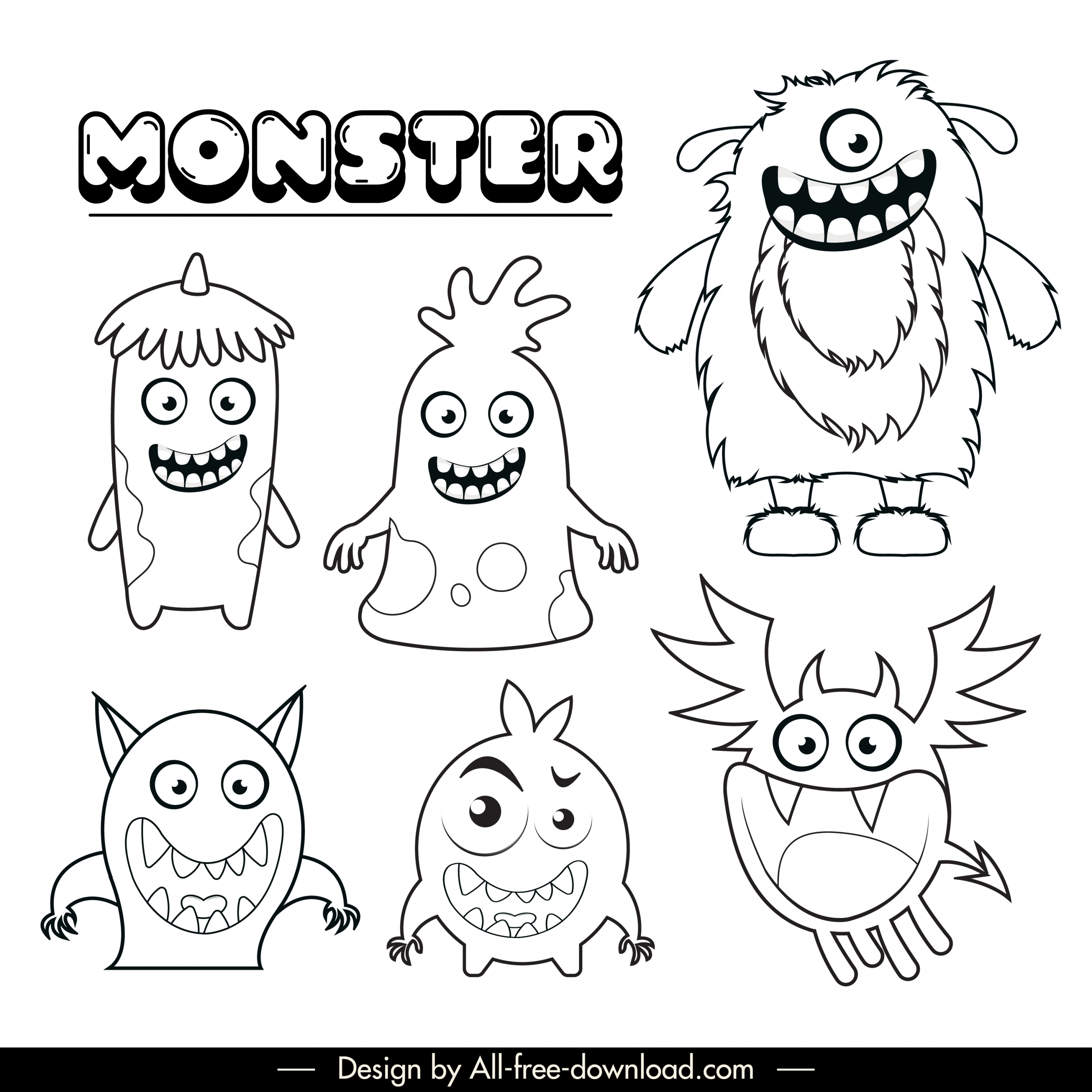 monsters icons funny design black white handdrawn cartoon