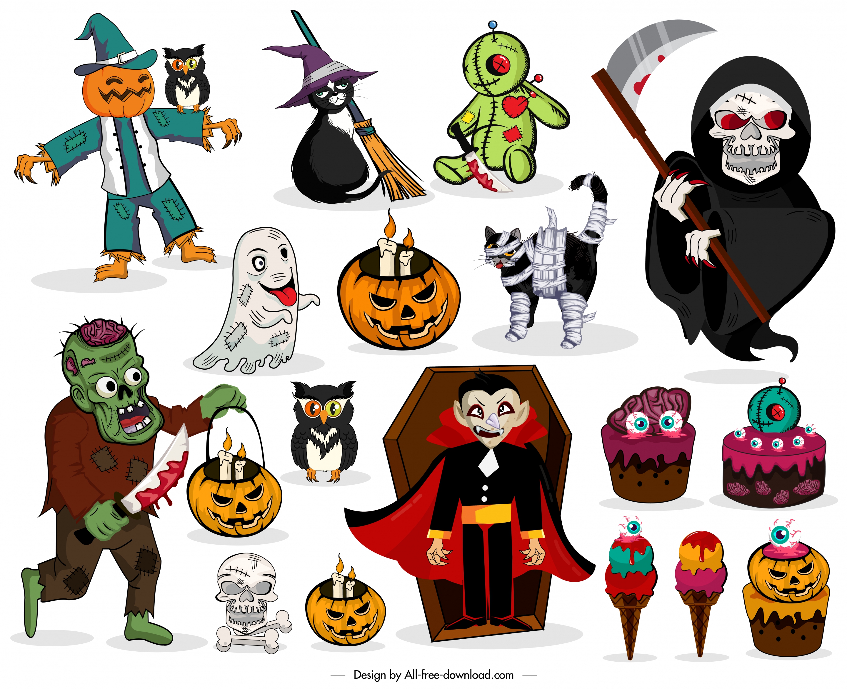 halloween design elements colored horror characters icons