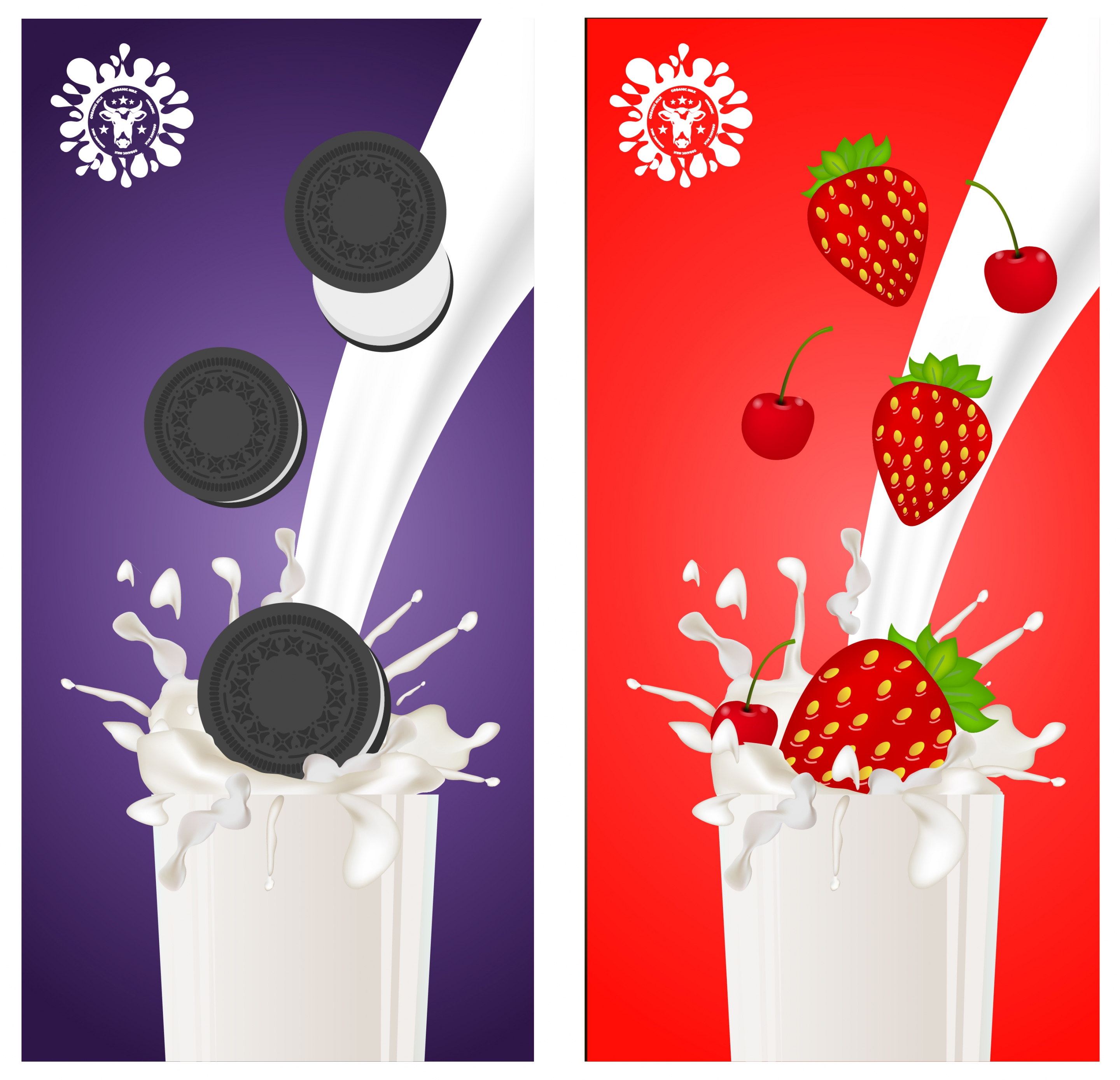 milk advertising banner colorful design strawberries cakes decoration