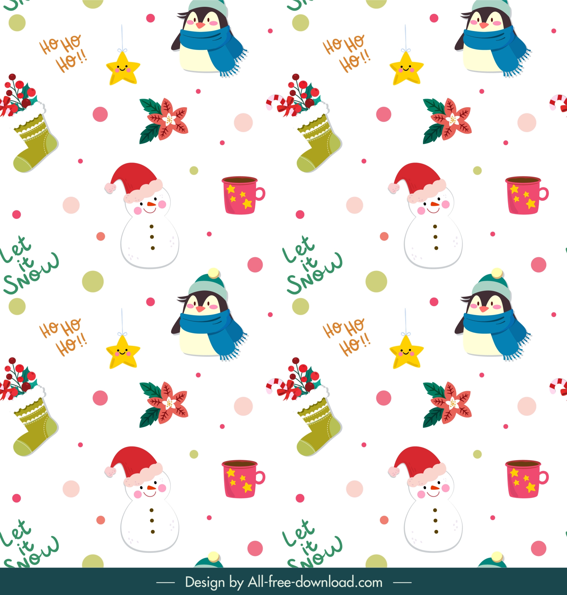 christmas pattern template hand drawn cute penguin snowman objects elements 