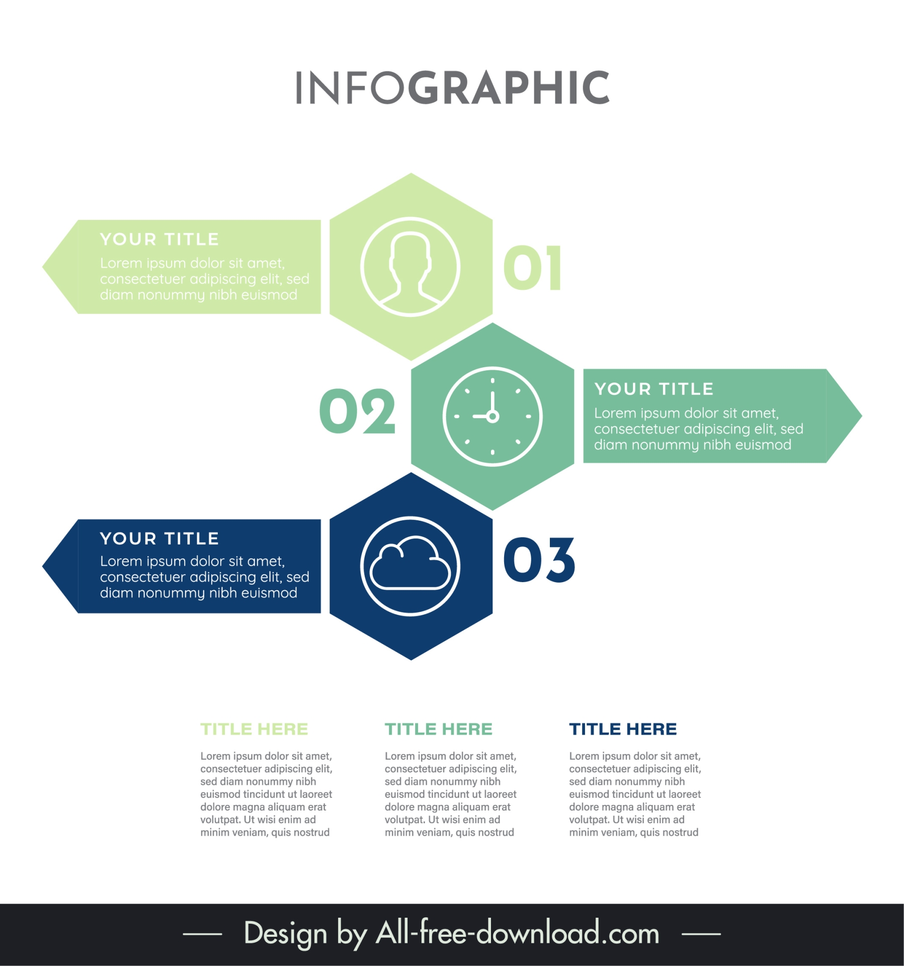 3 elements infographic template flat symmetric geometric horizontal tabs