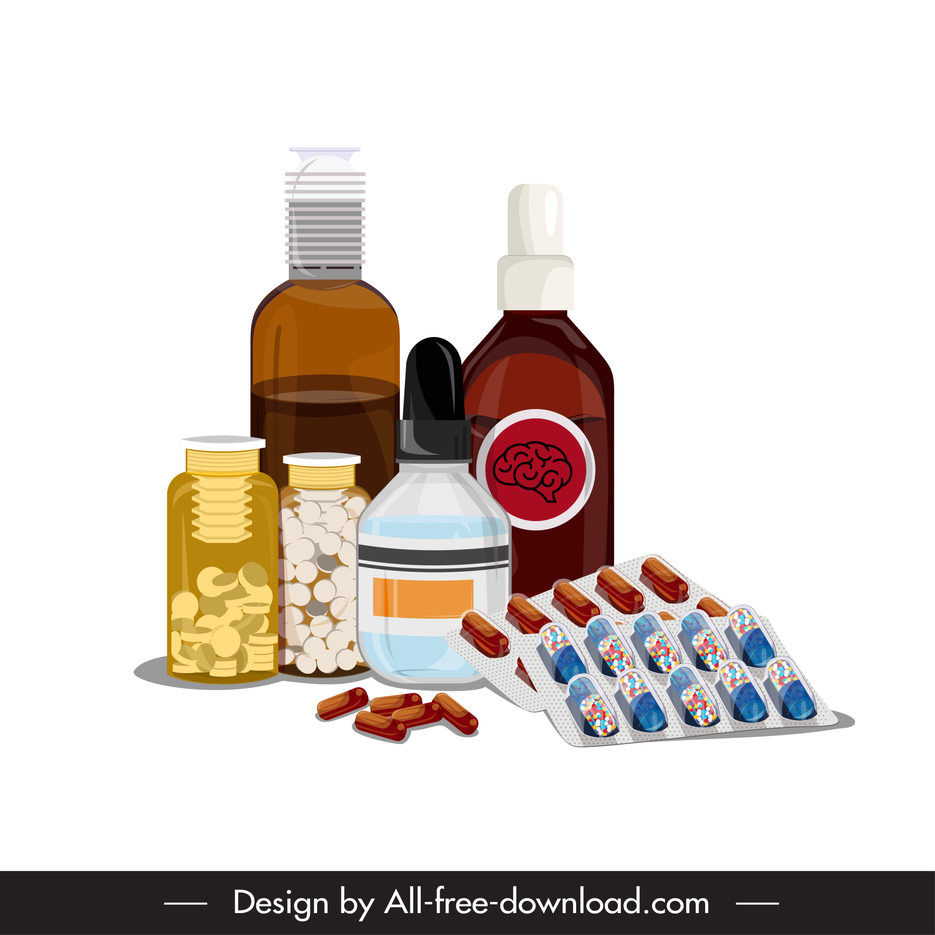 pharmacy medicine design elements 3d bottles capsules sketch 