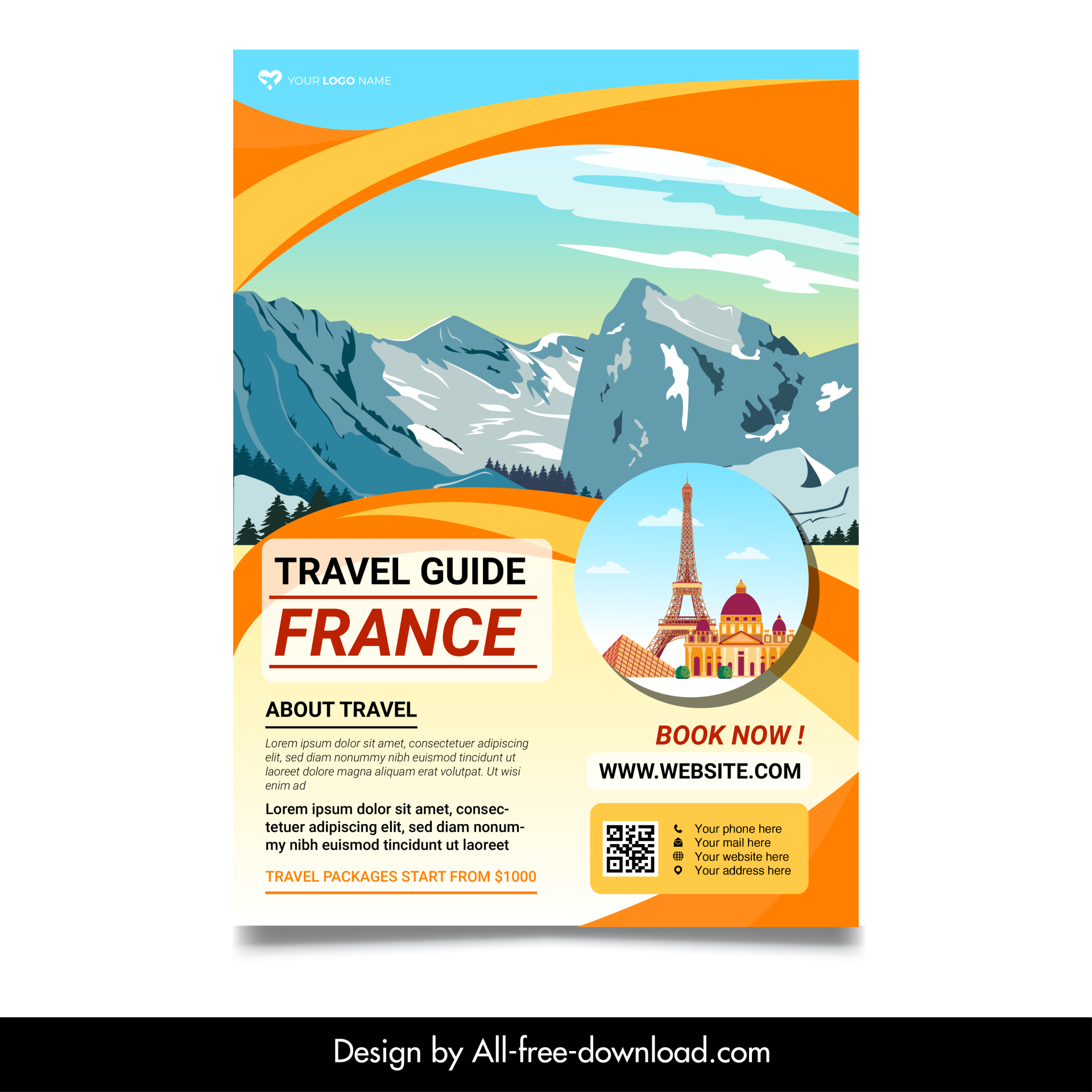 france travel guide flyer template mountain scene architectural landmark sketch