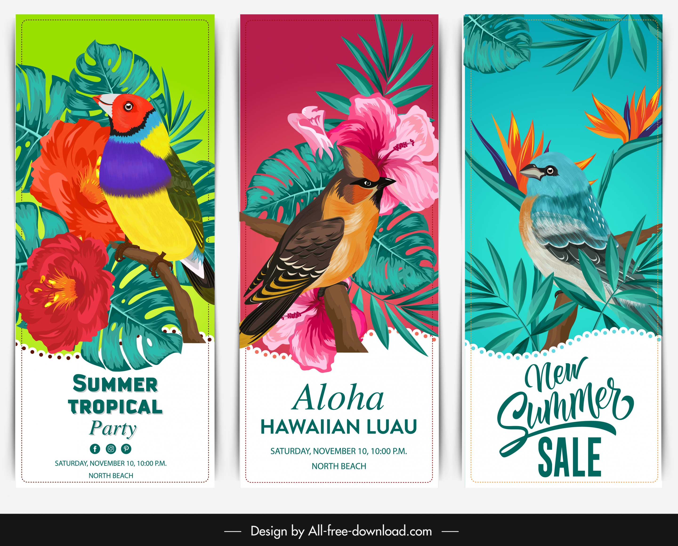 summer banner templates colorful birds floral decor