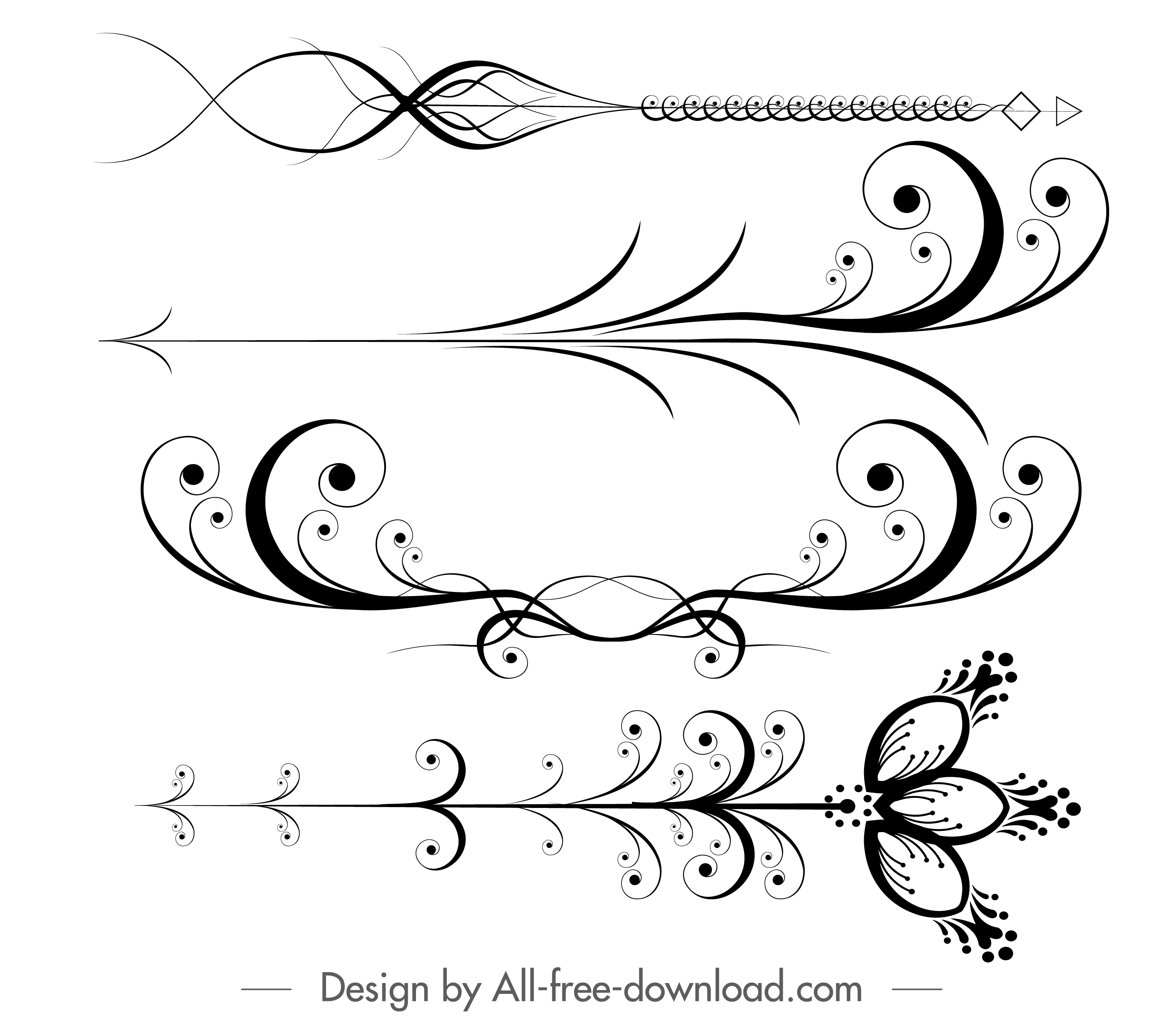 decorative elements black white curves flora arrow shapes