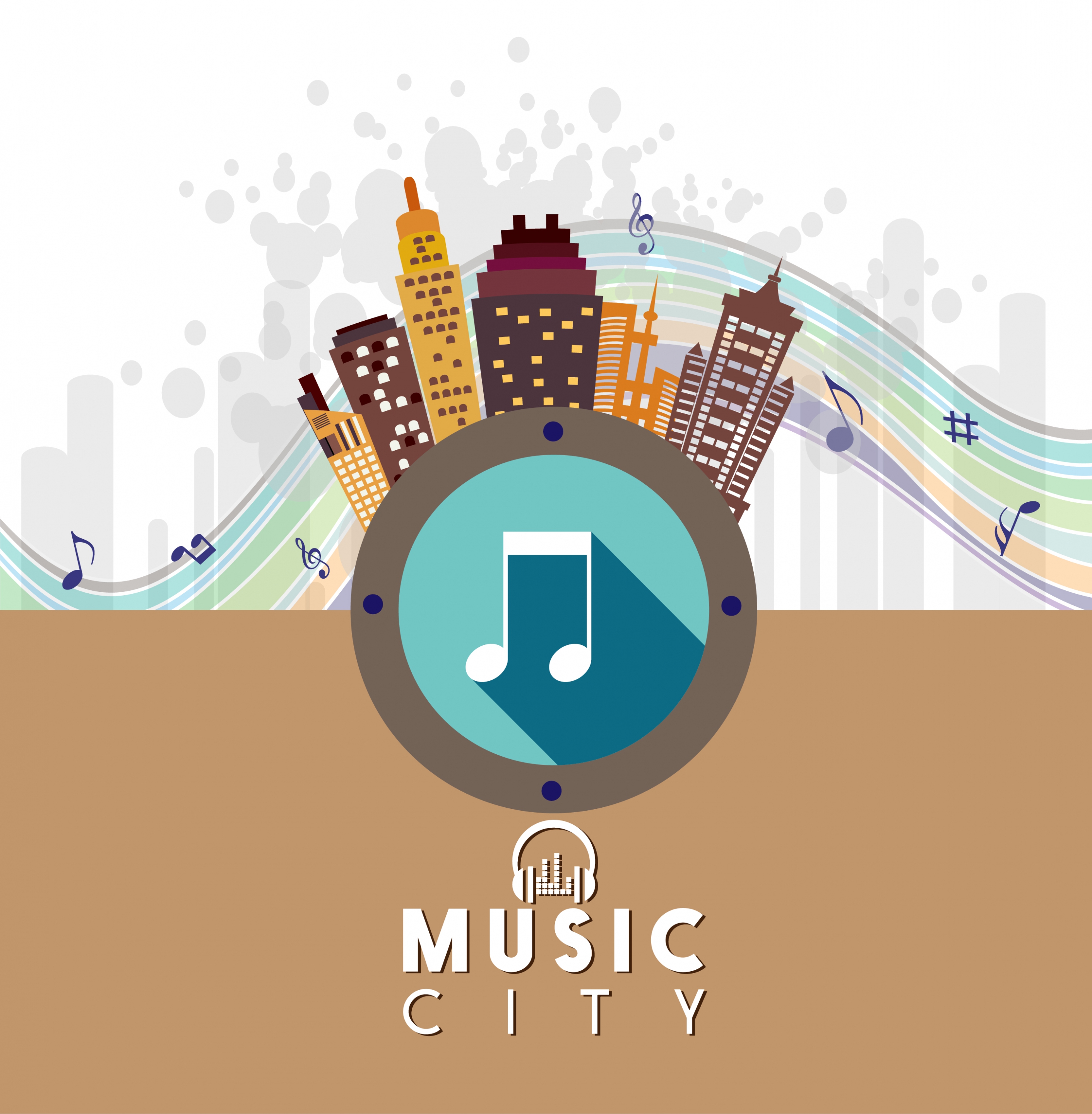 music city banner colorful note and buildings symbol