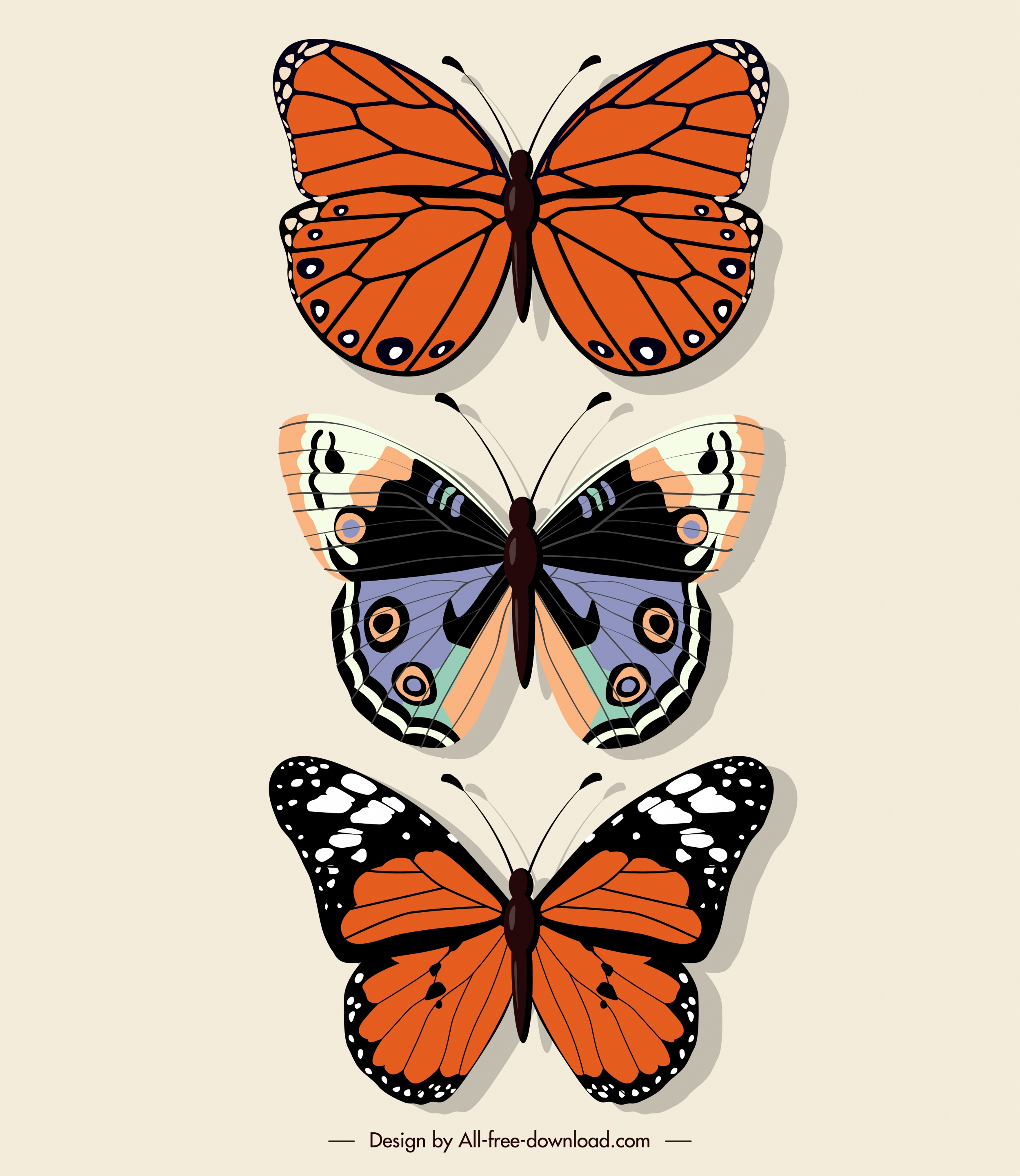 butterflies icons colored flat sketch symmetric decor