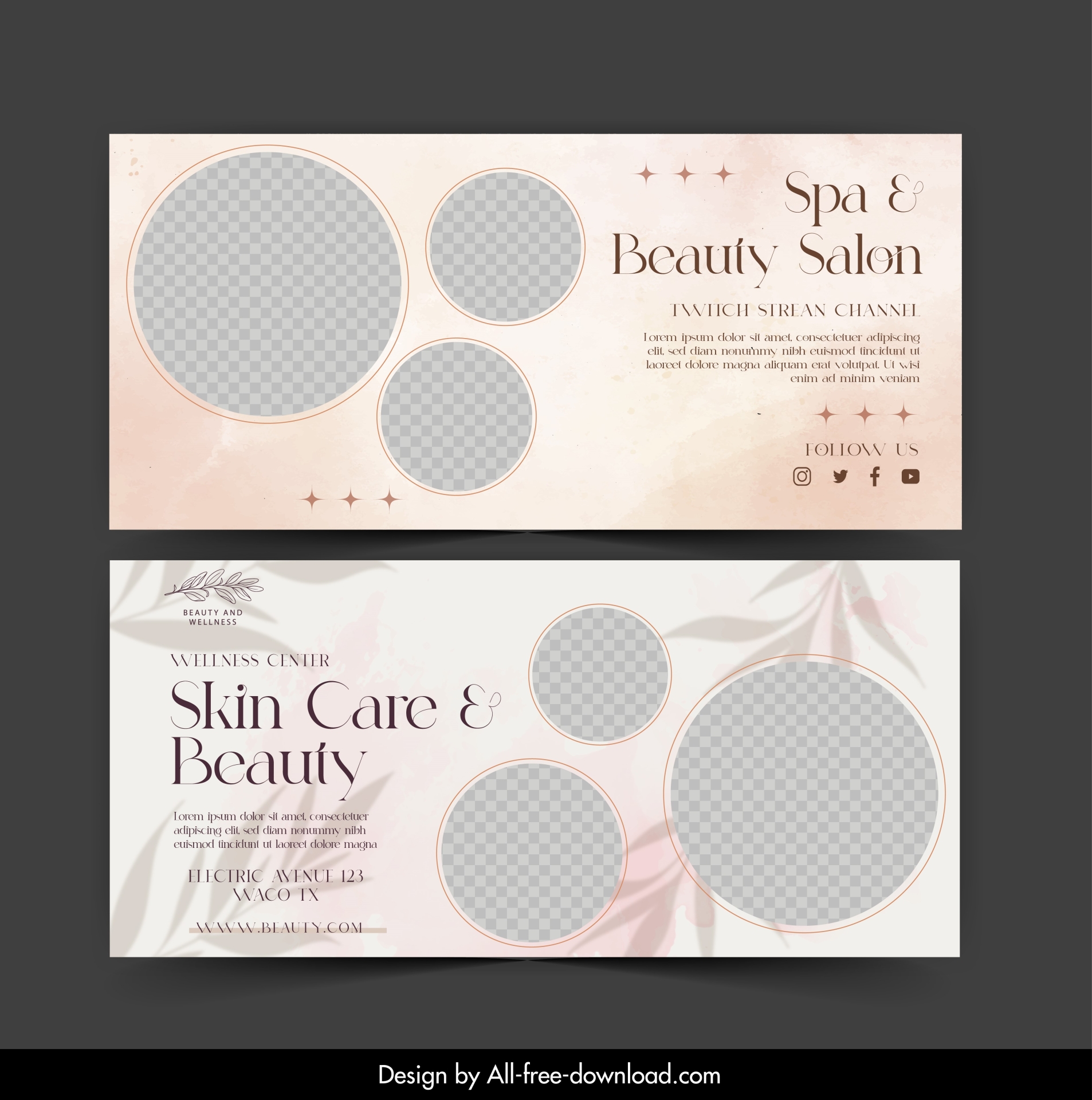 beauty salon banner template flat checkered circles leaf decor