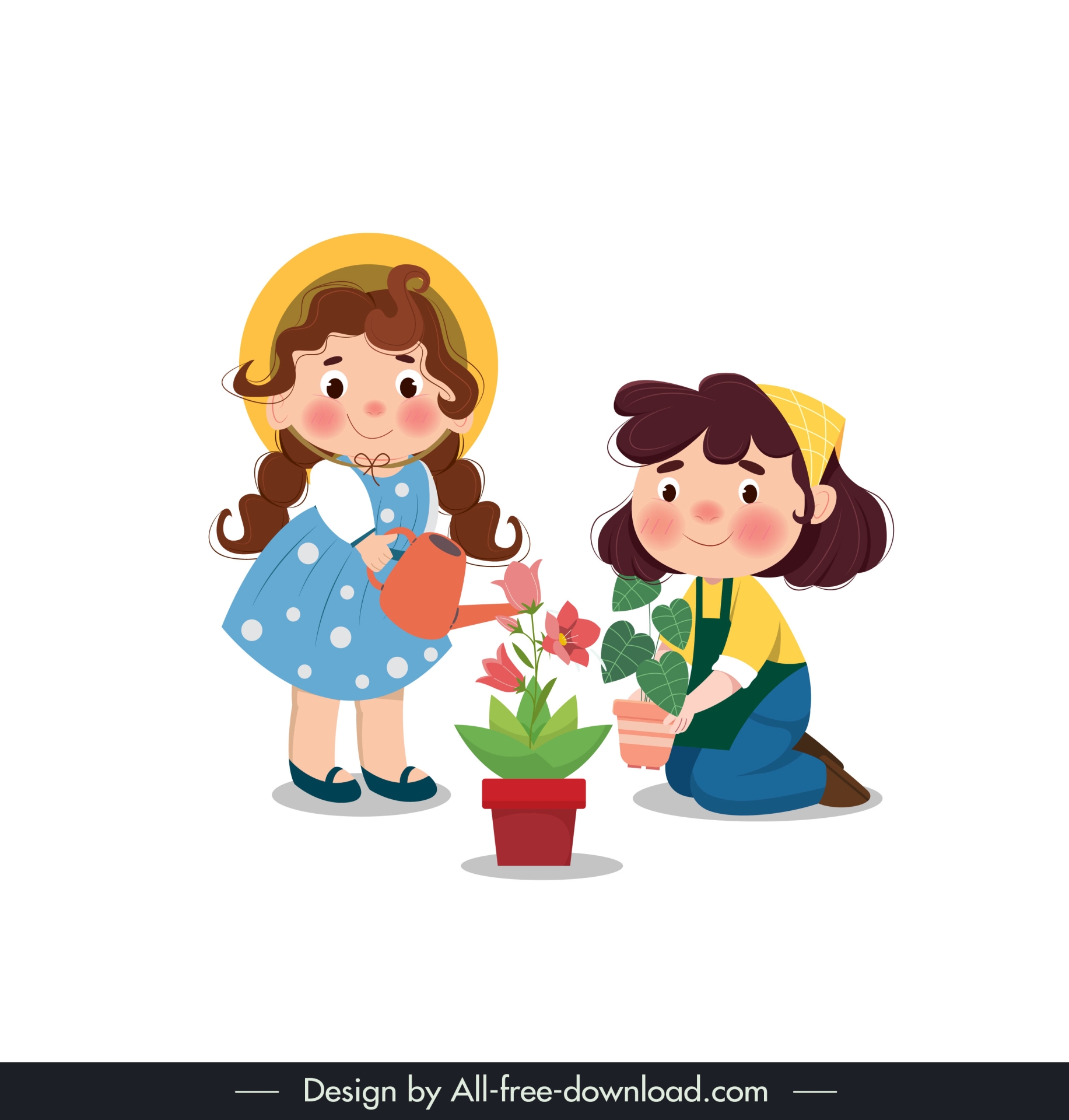 childhood design elements girls planting flowers cartoon 