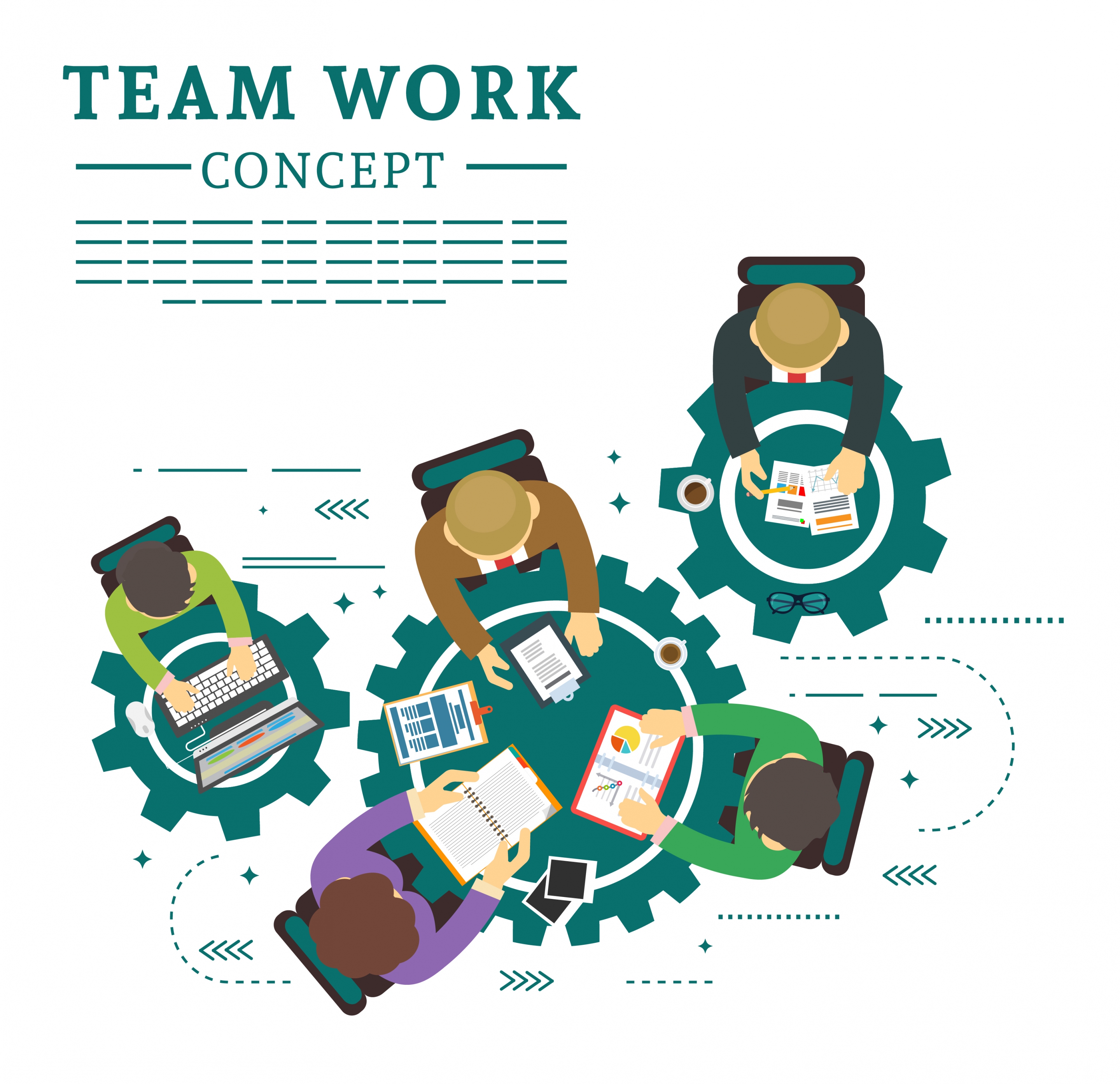 teamwork concept banner working staffs gears tables icons