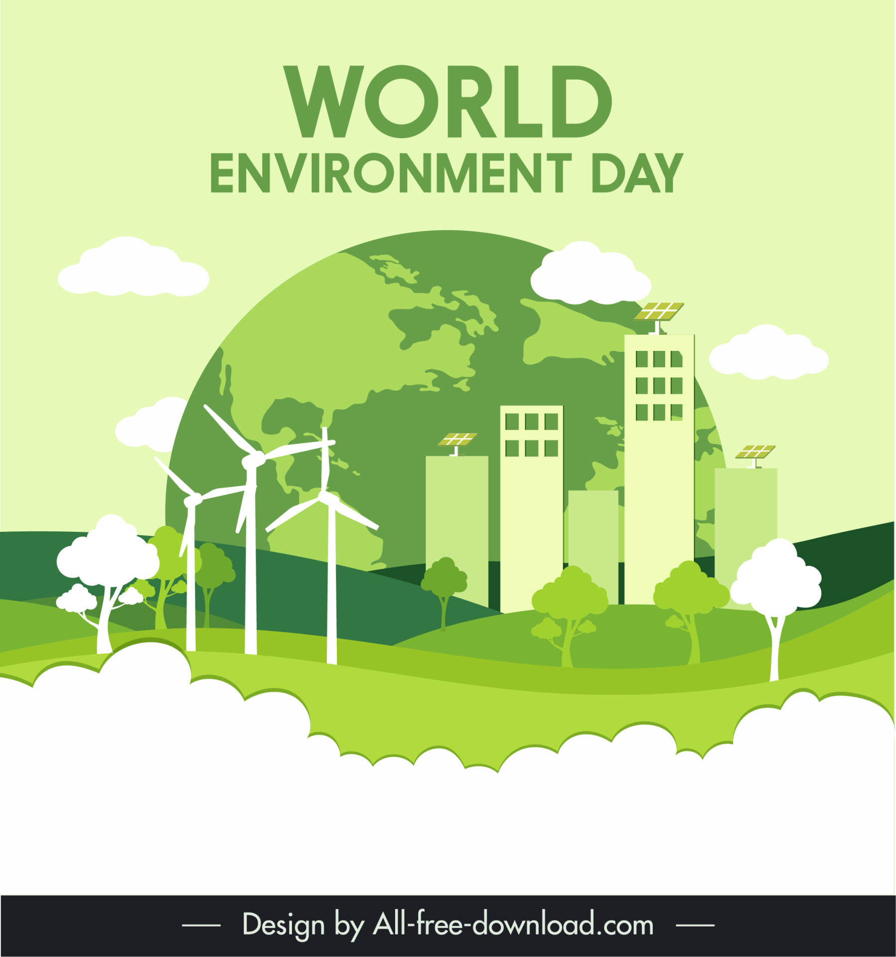 world environment day poster template earth windfarm trees buildings clouds sketch flat design