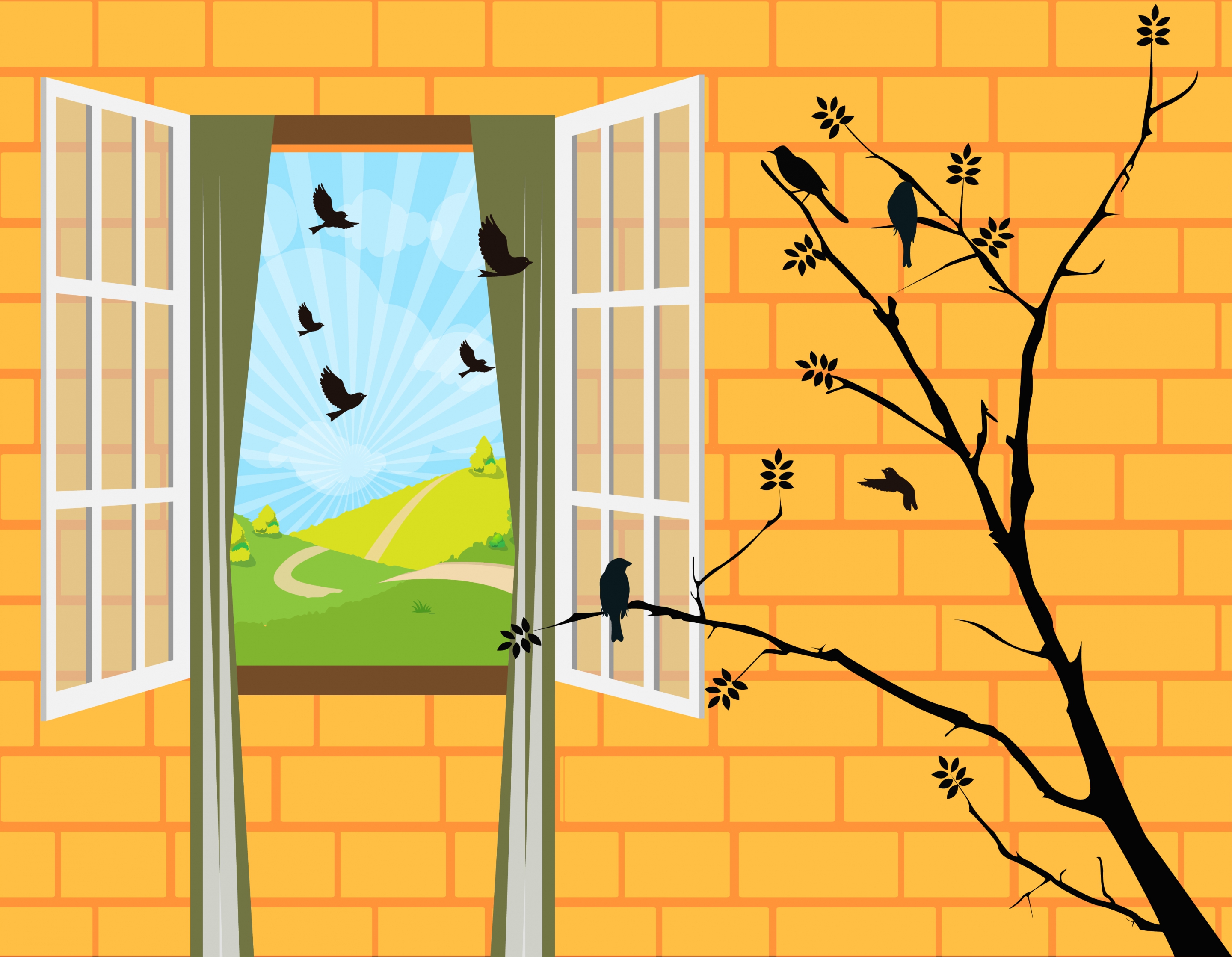 wall decor template 3d window tree birds icons