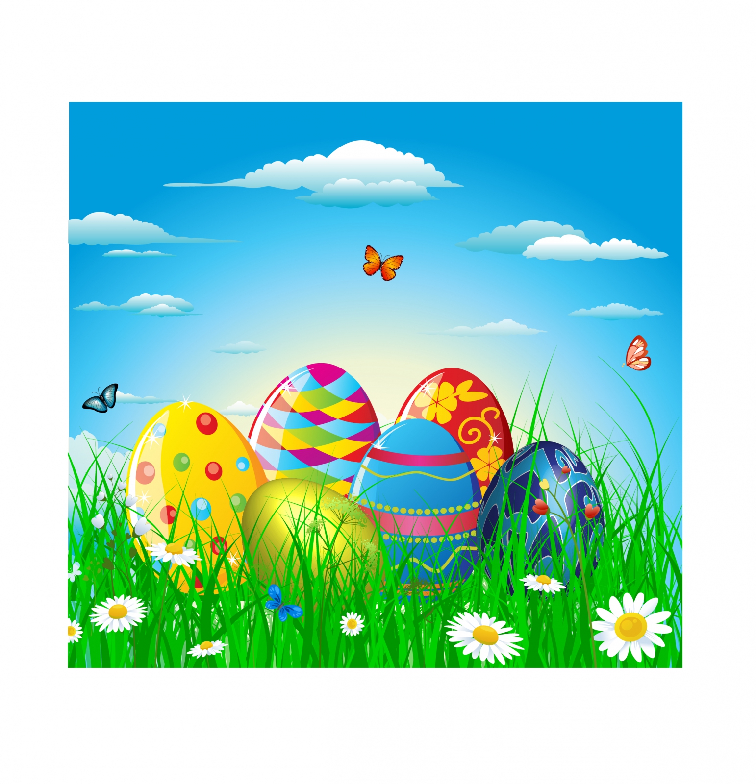 Colorful easter eggs in grass and flowers