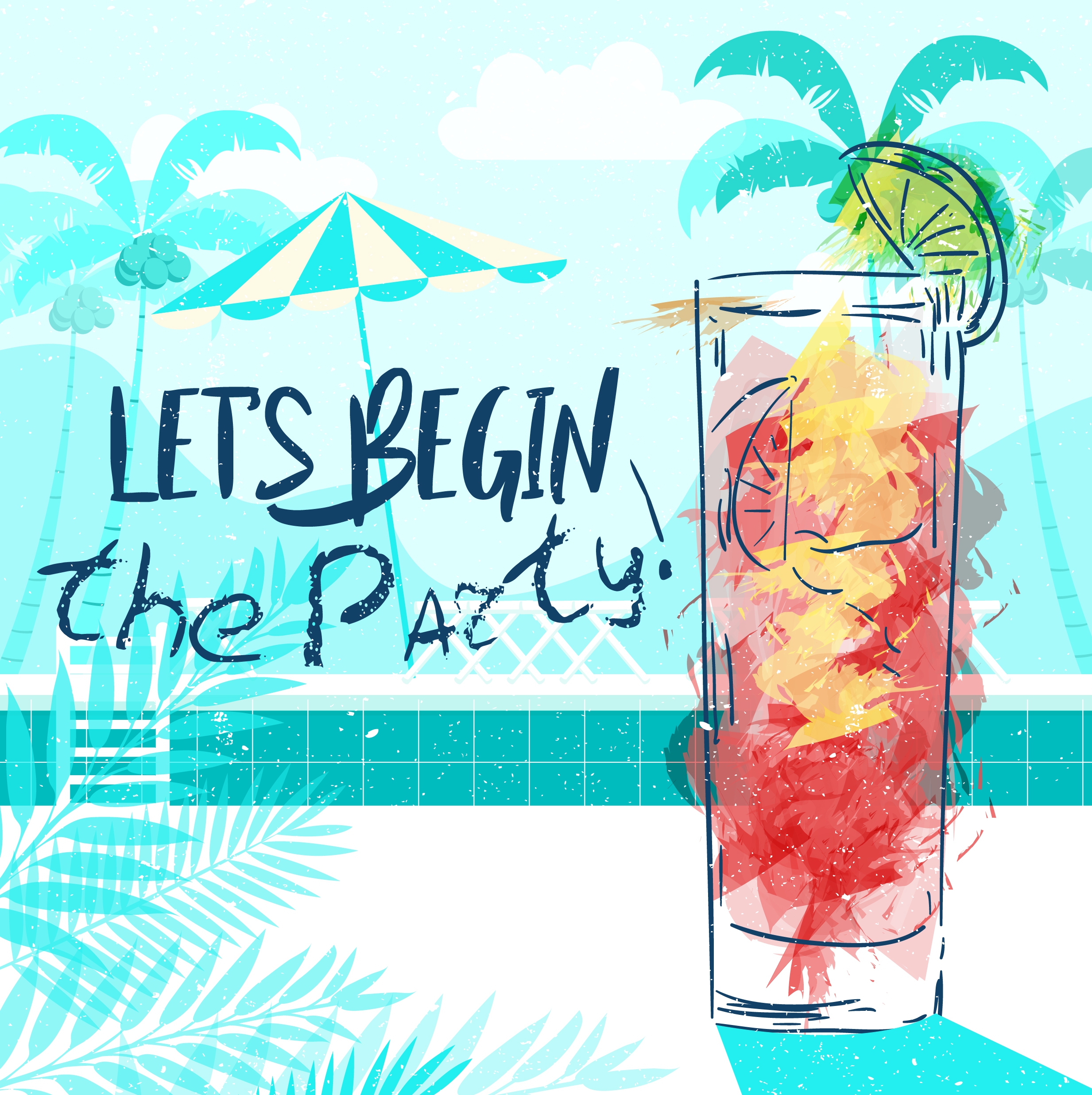 party banner cocktail icon grunge watercolor handdrawn design