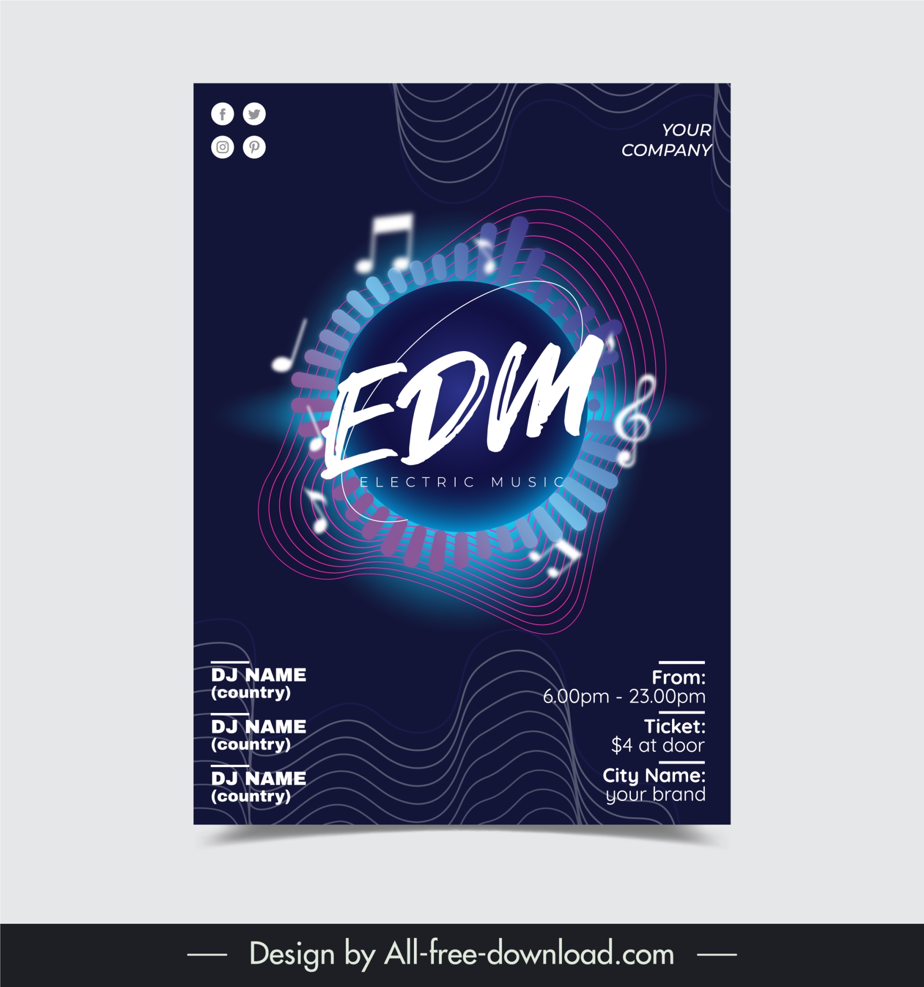 edm music poster template dynamic waves shiny light music notes